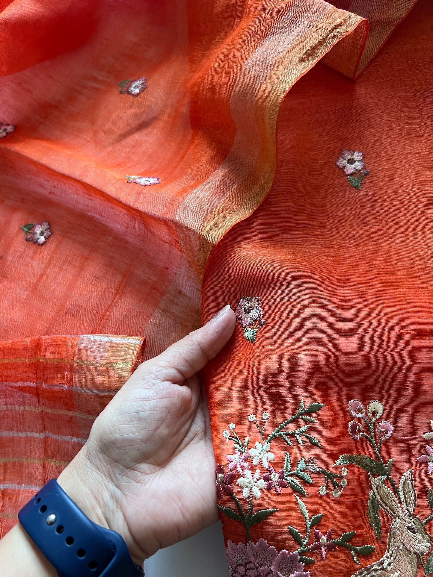 Orange Pure Silk Linen embroidered premium unstitched dress material