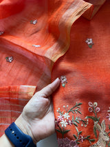 Orange Pure Silk Linen embroidered premium unstitched dress material
