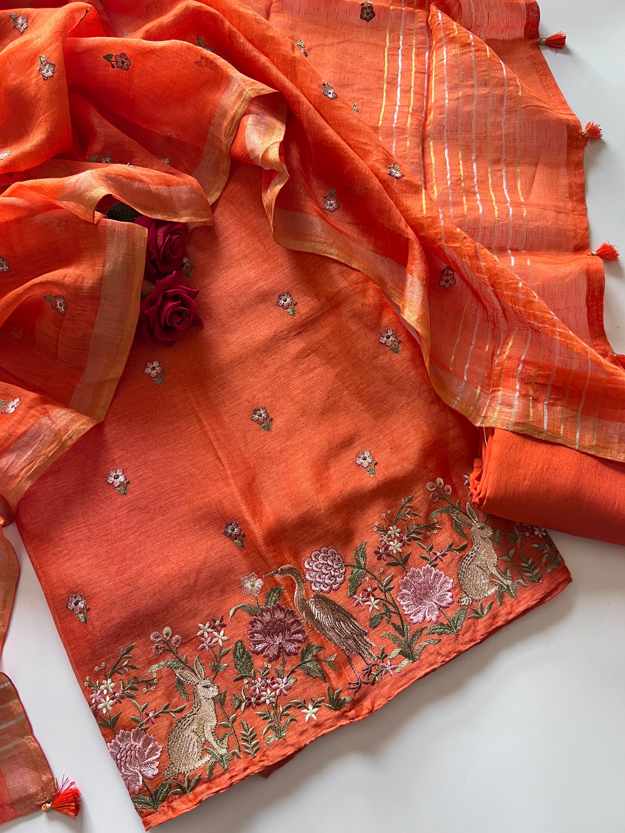 Orange Pure Silk Linen embroidered premium unstitched dress material