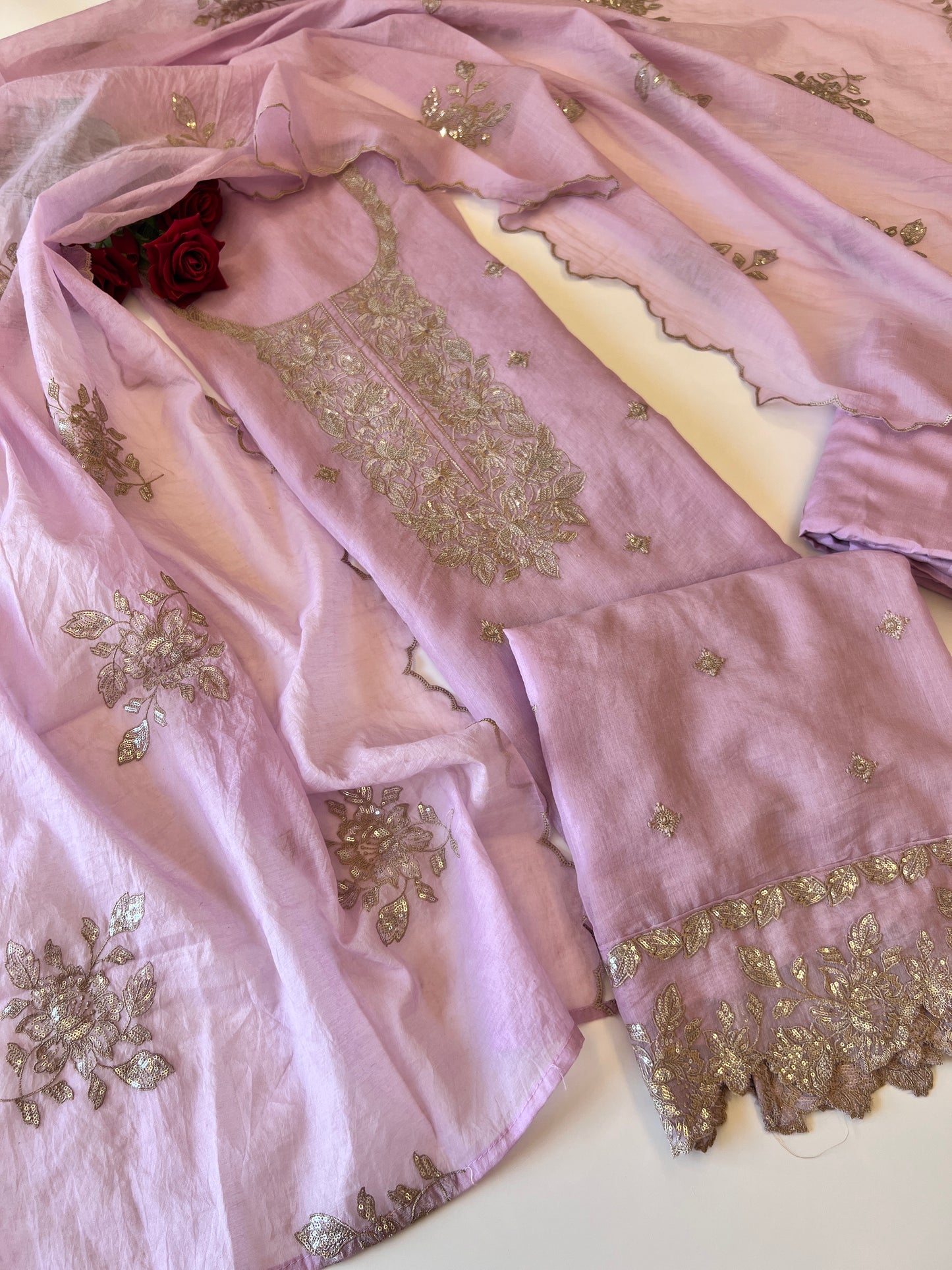 Pastel Purple Mul Chanderi Sequin embroidered Unstitched Suit