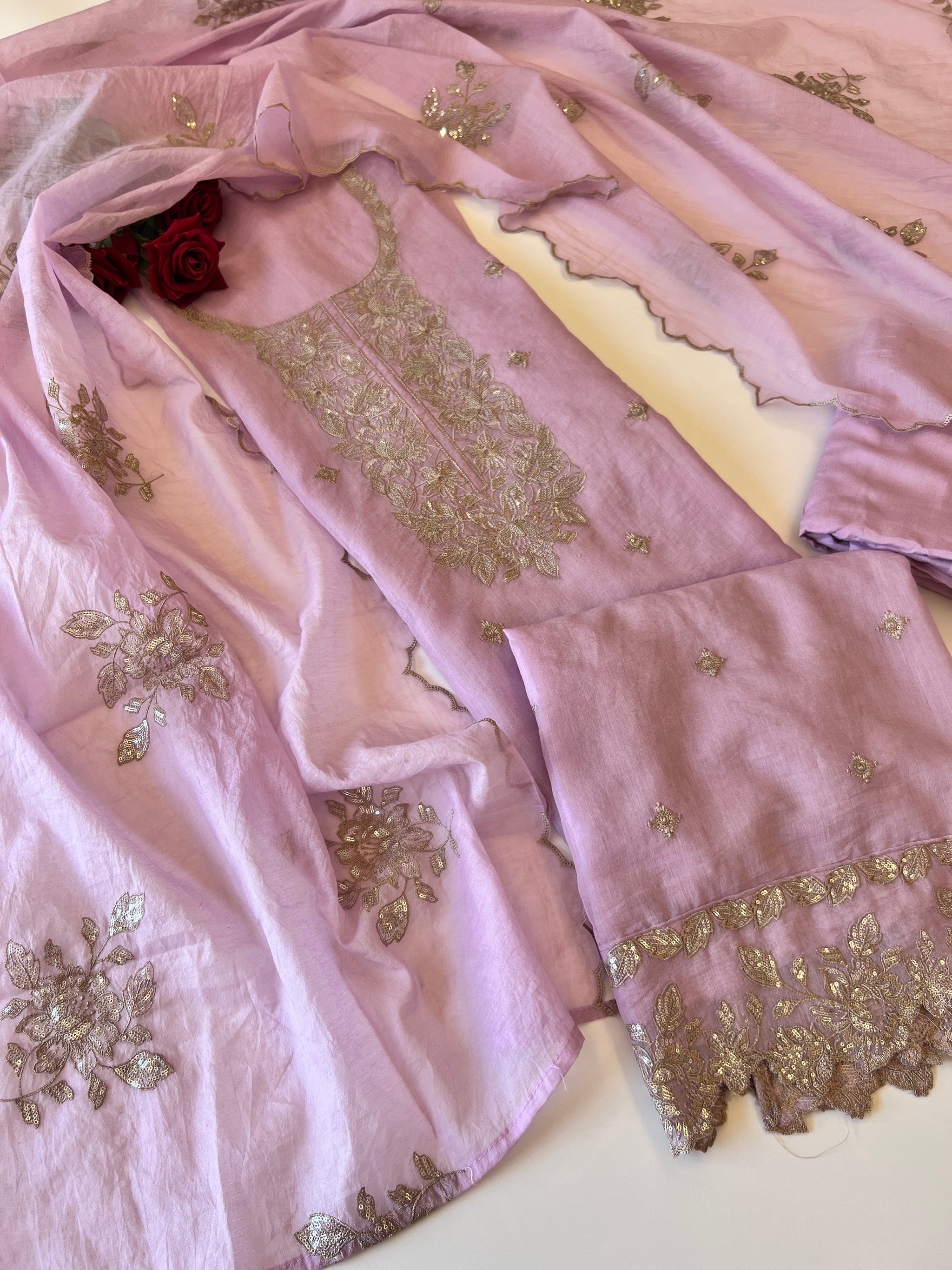 Pastel Purple Mul Chanderi Sequin embroidered Unstitched Suit