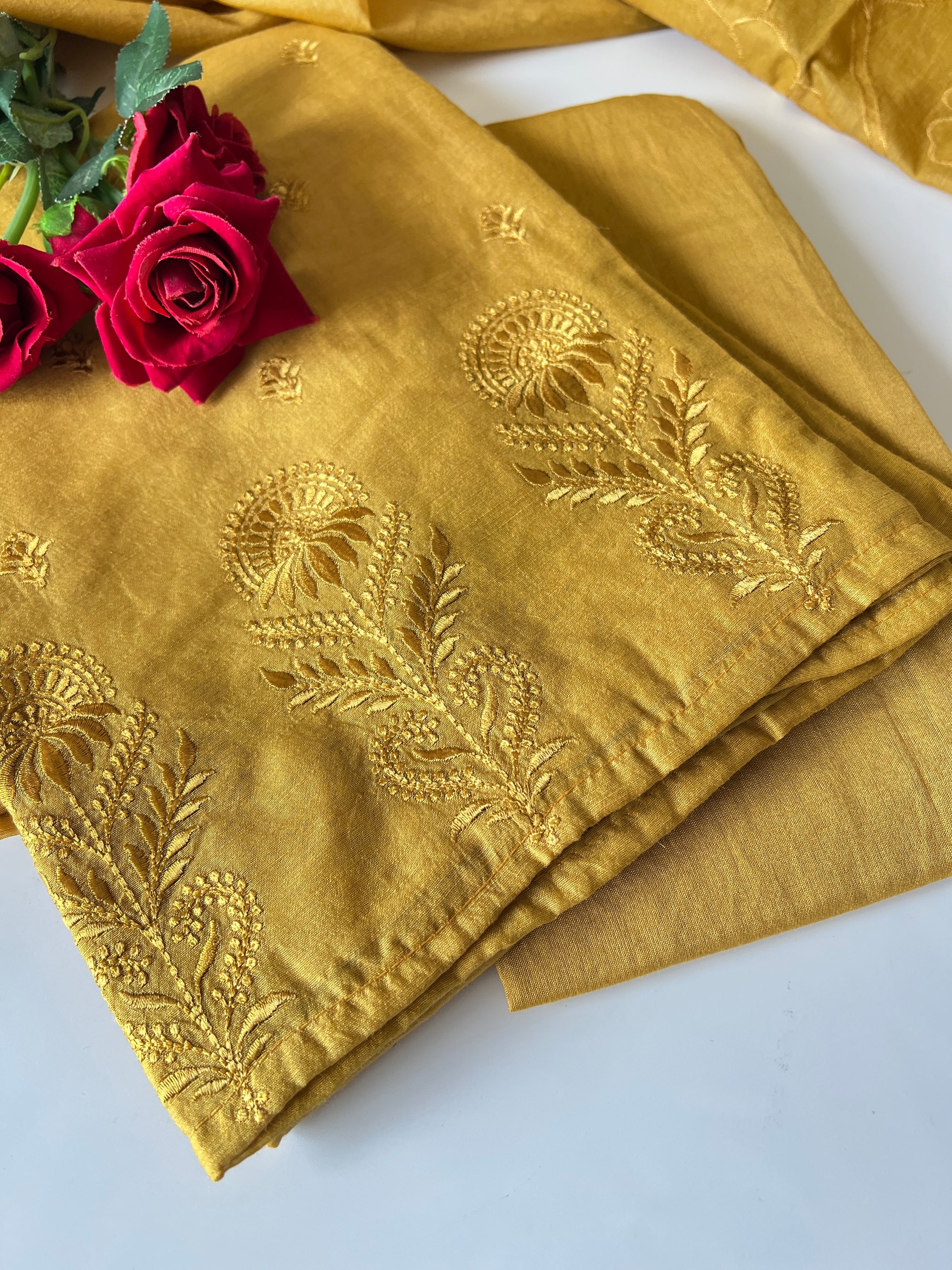 Yellow Pure Chanderi patchwork Embroidery scallop unstitched suit