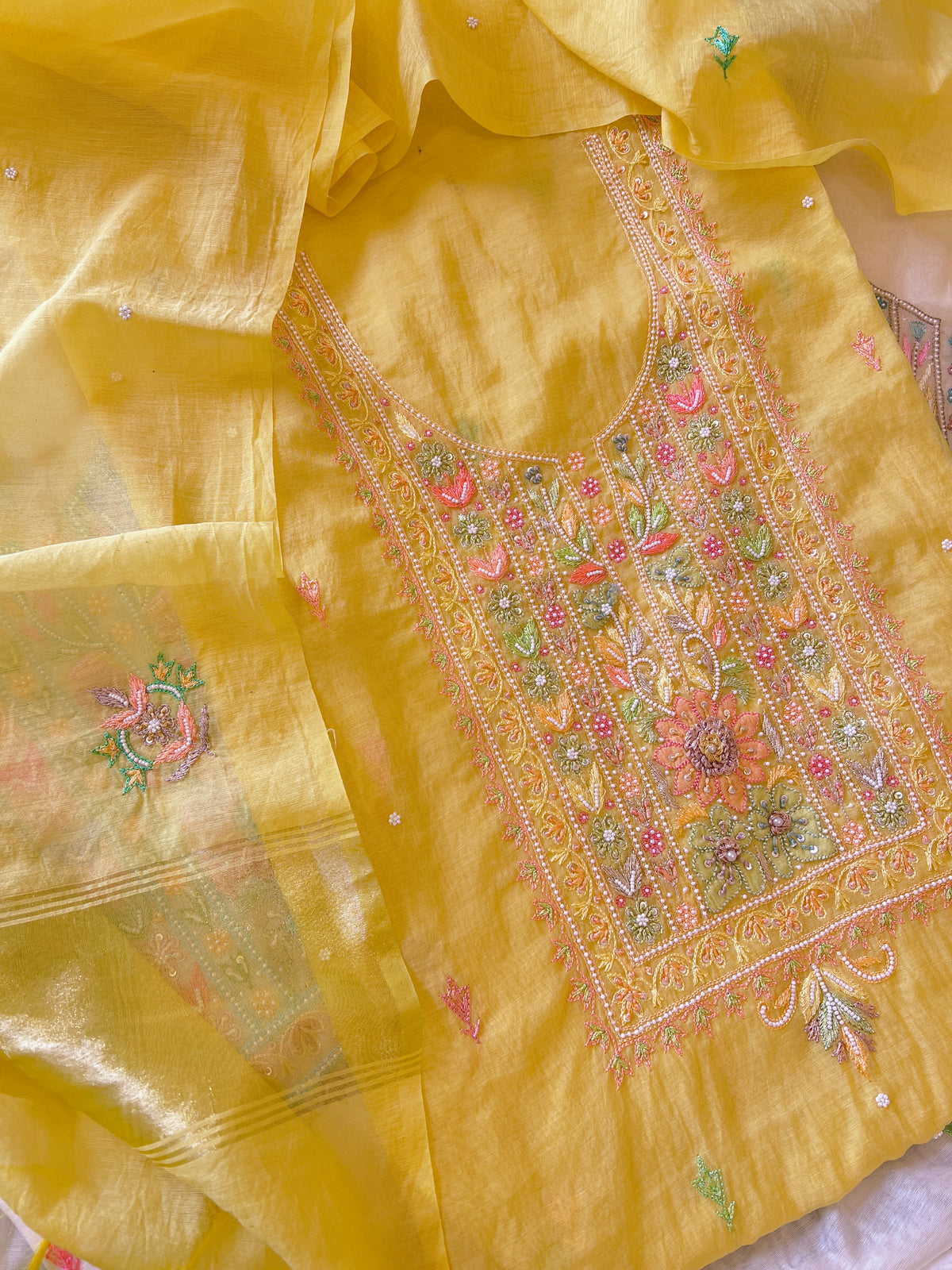 Yellow Mul handwork chikankari Kurta Dupatta set