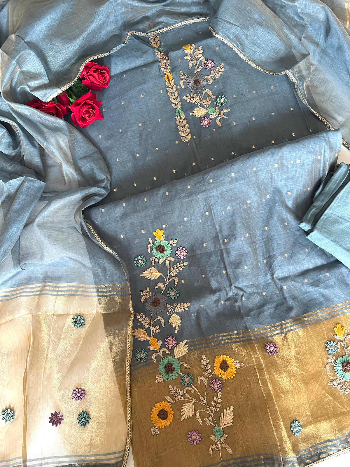 Blue Floral Embroidery tissue Jamdani Dress material