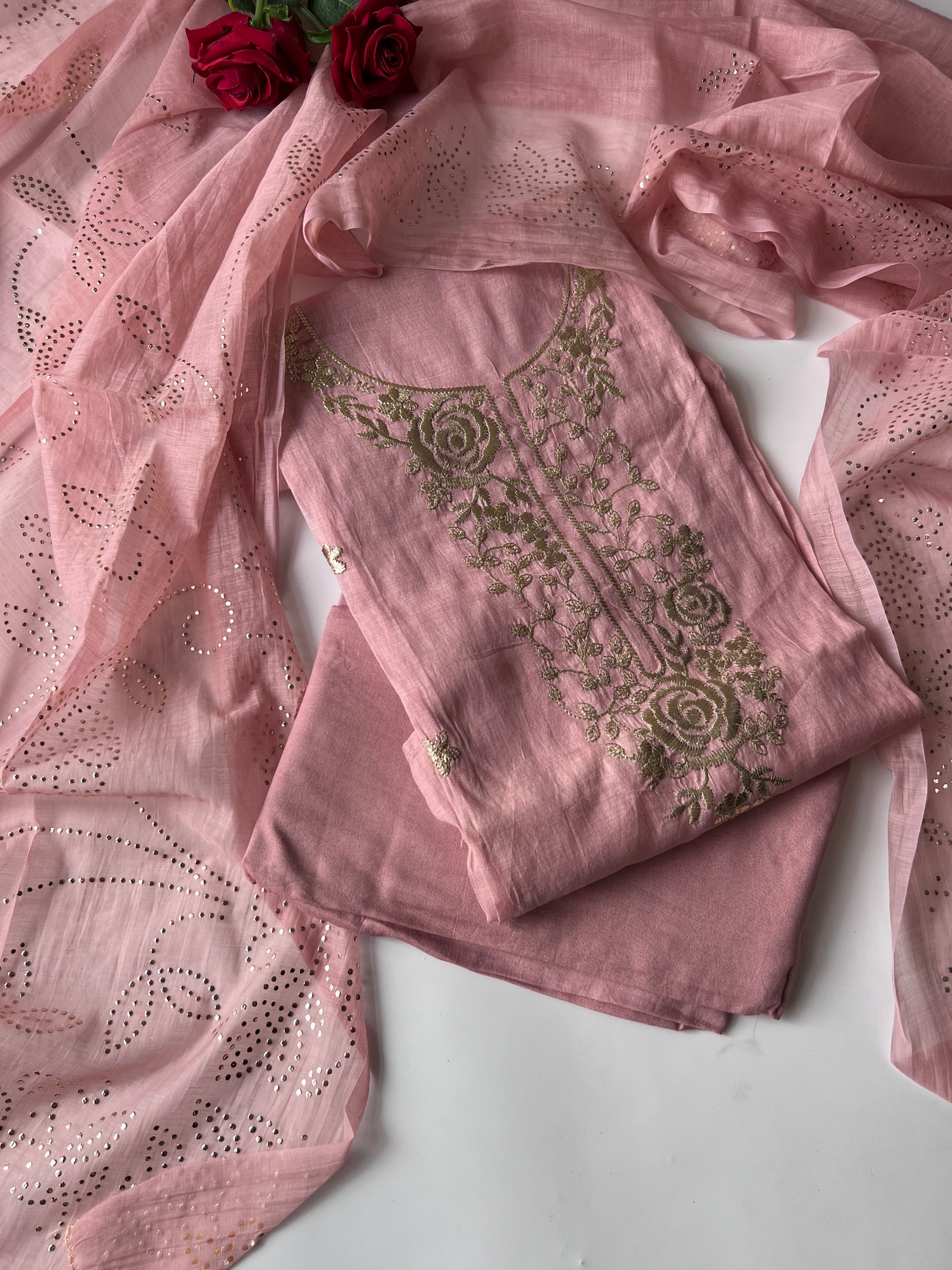 Pastel pink Mul Chanderi dress material with pitta and mukaish work