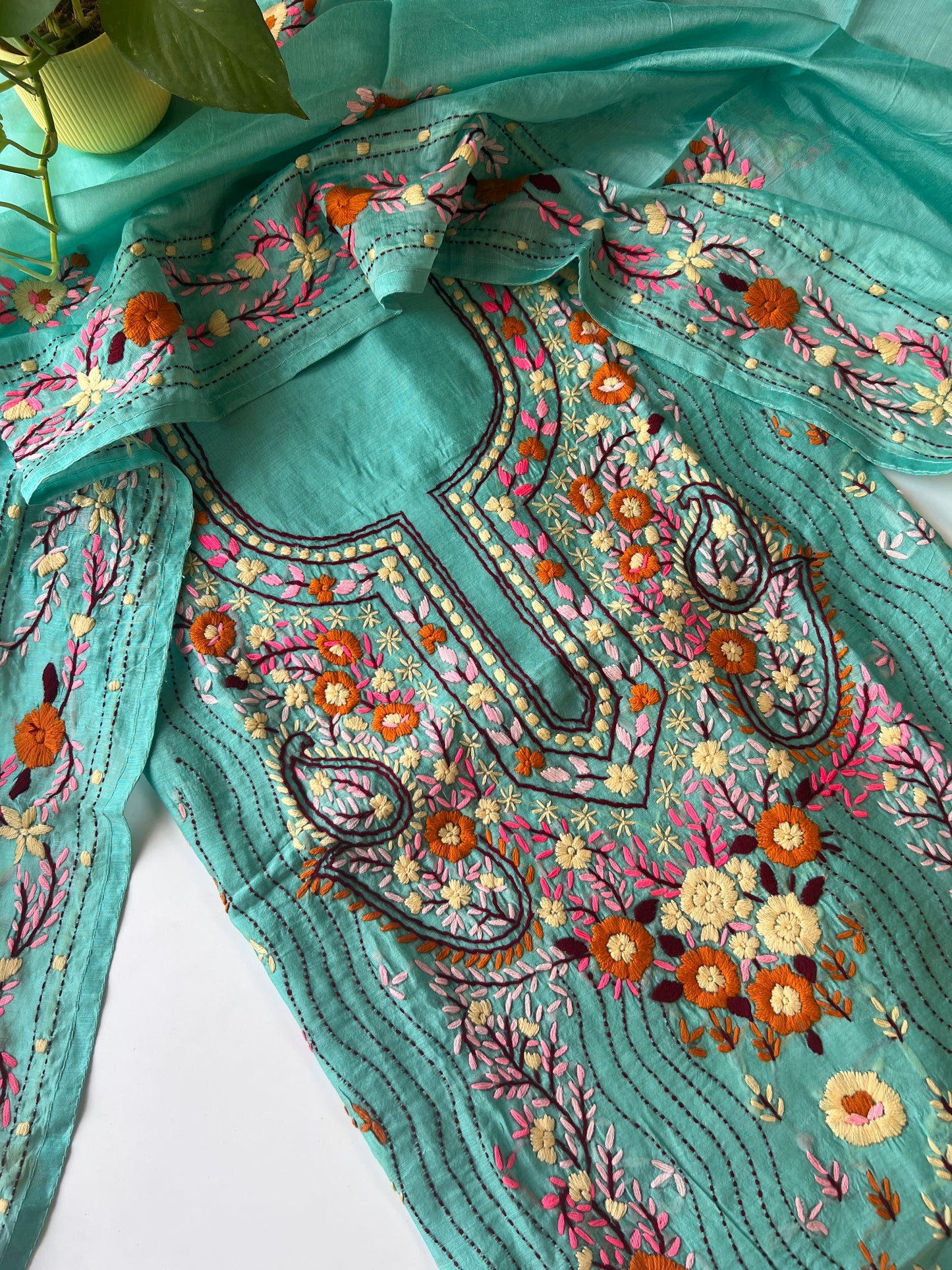 Chanderi Phulkari embroidery Unstitched suit material
