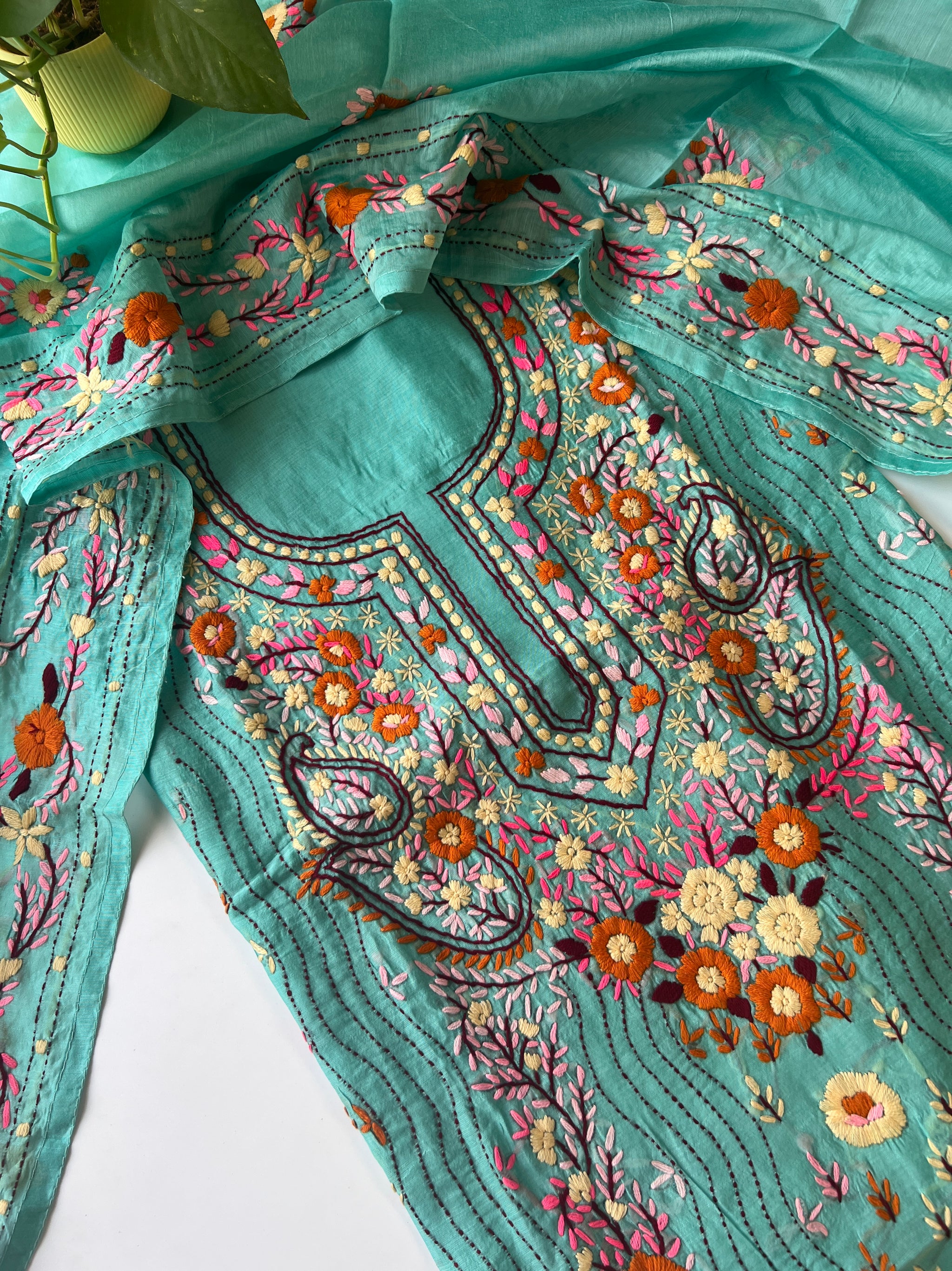 Chanderi Phulkari embroidery Unstitched suit material