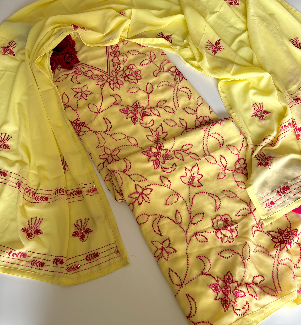 Yellow Georgette Knot Embroidery Unstitched suit set 3 pc