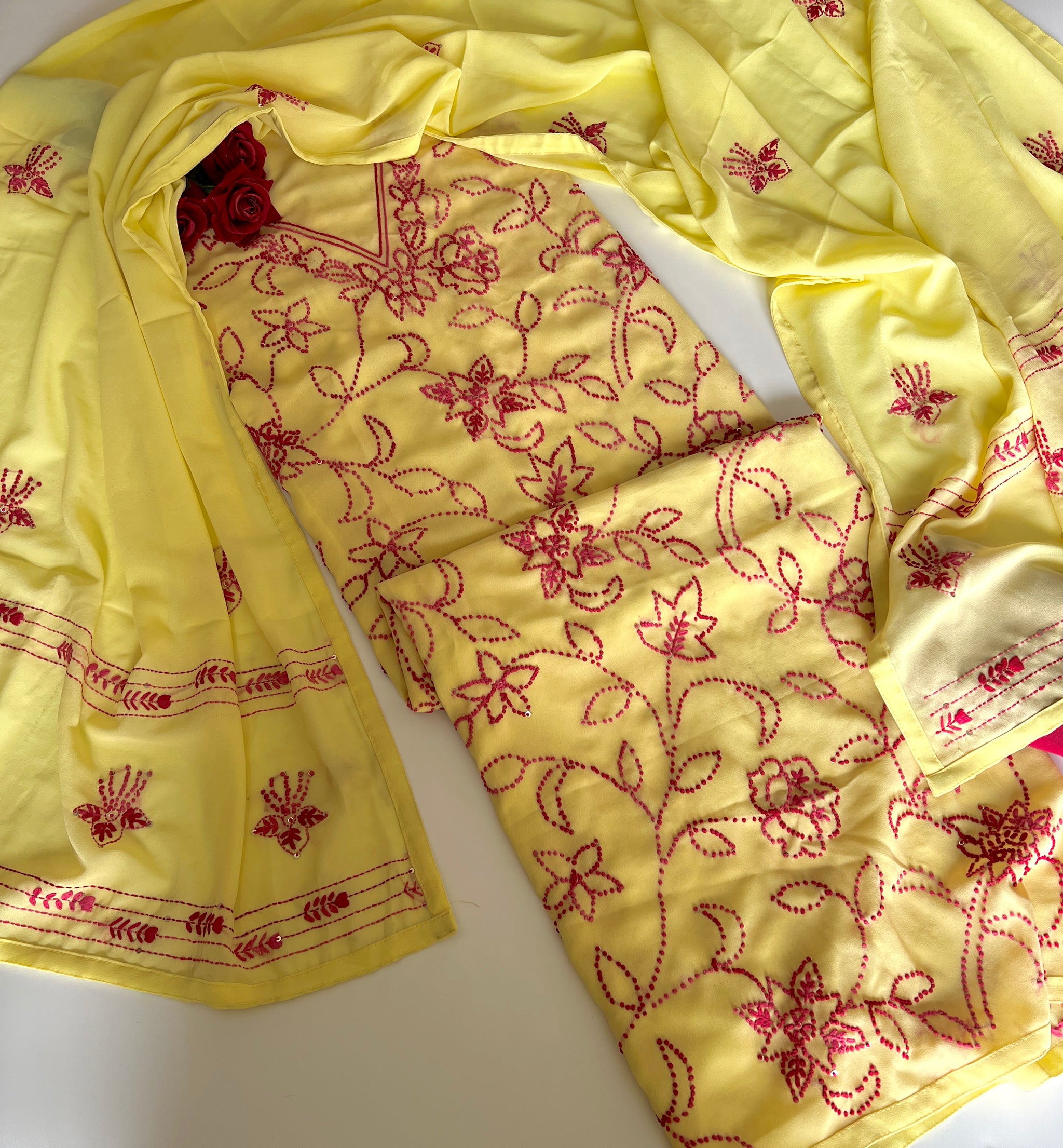 Yellow Georgette Knot Embroidery Unstitched suit set 3 pc