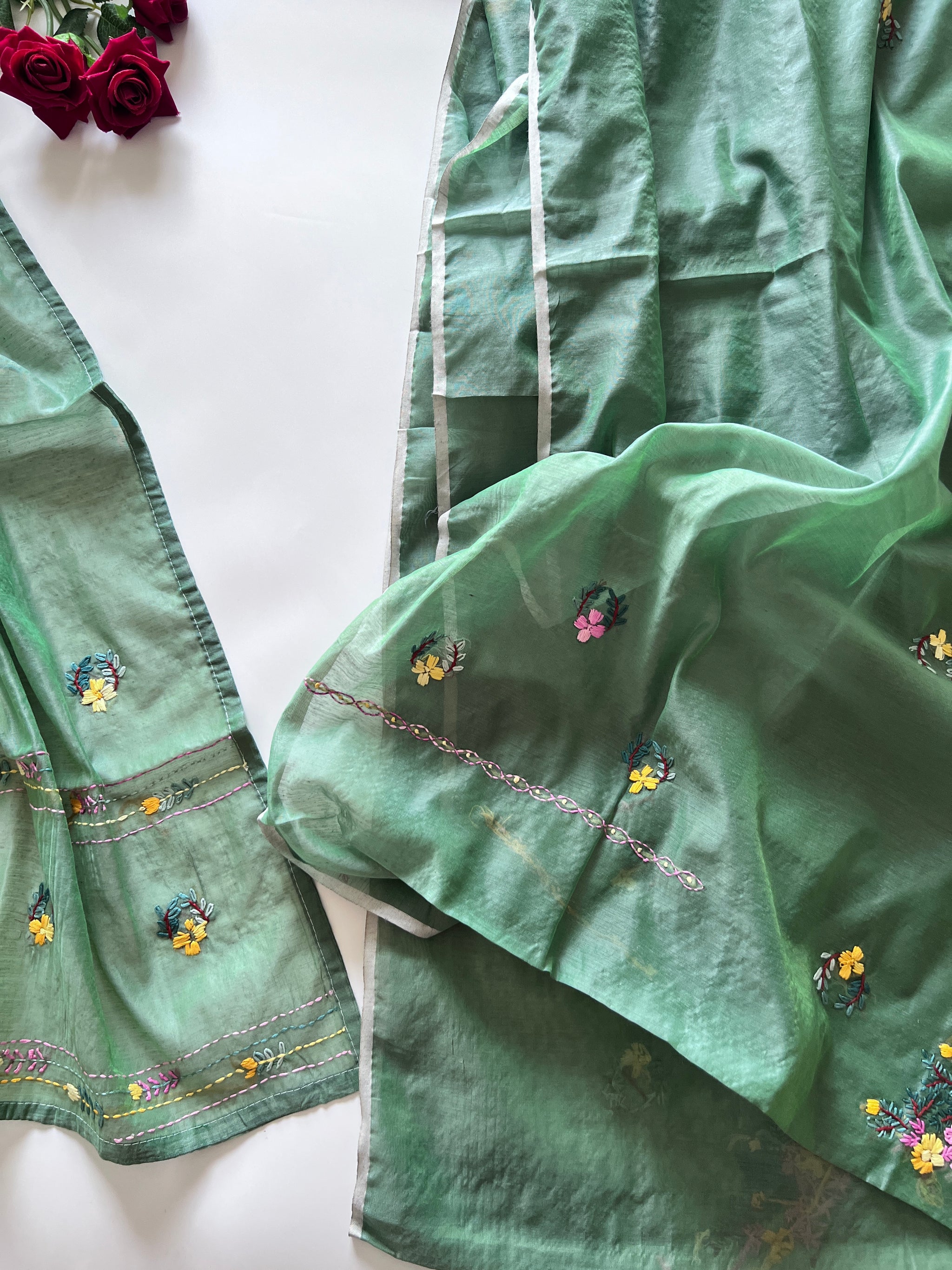 Green Knot embroidery Unstitched suit material 2 pc