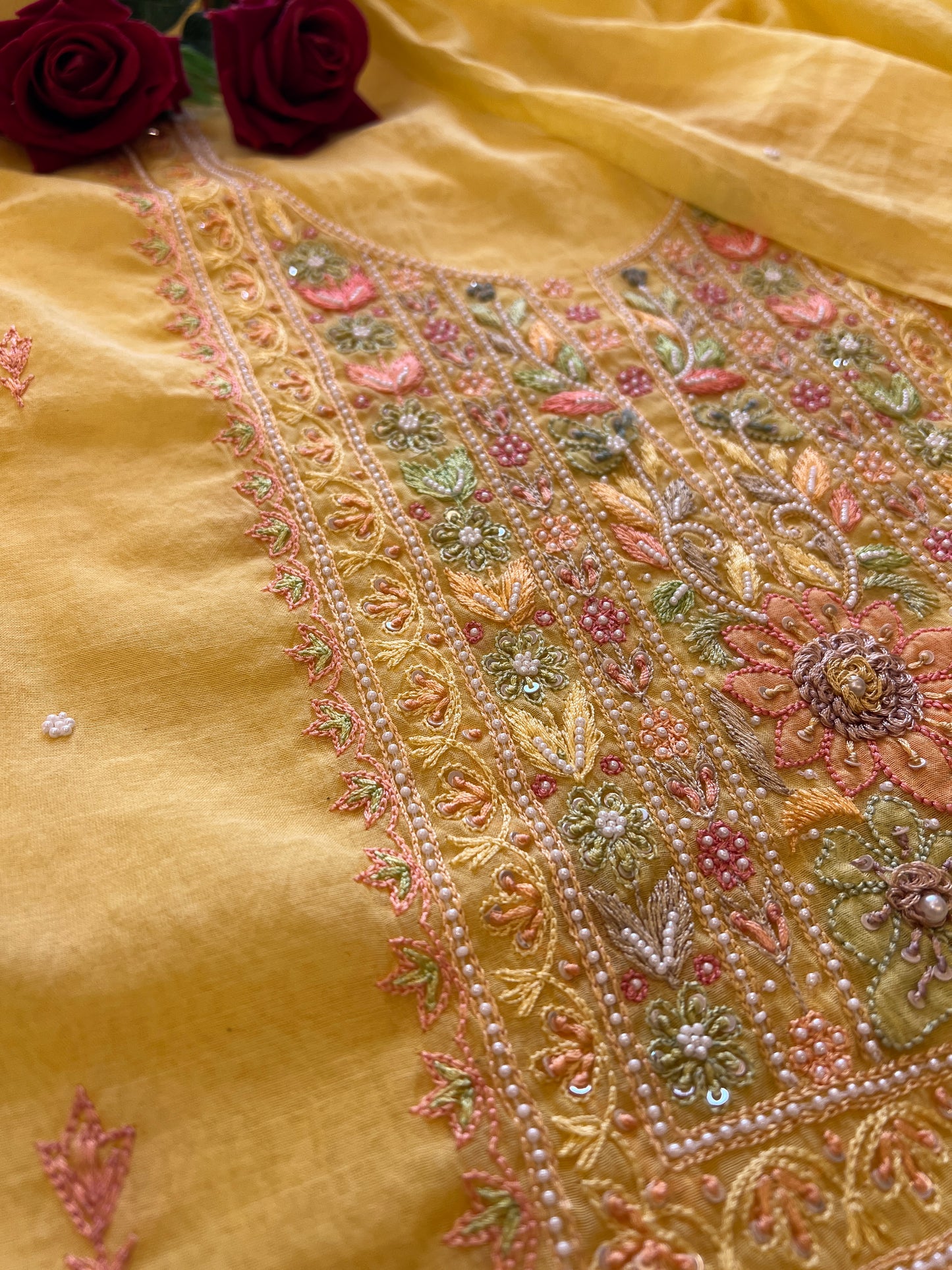 Yellow Mul handwork chikankari Kurta Dupatta set