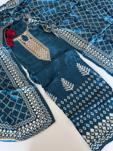 Blue Gajji Silk With gotta work neck Unstitched suit