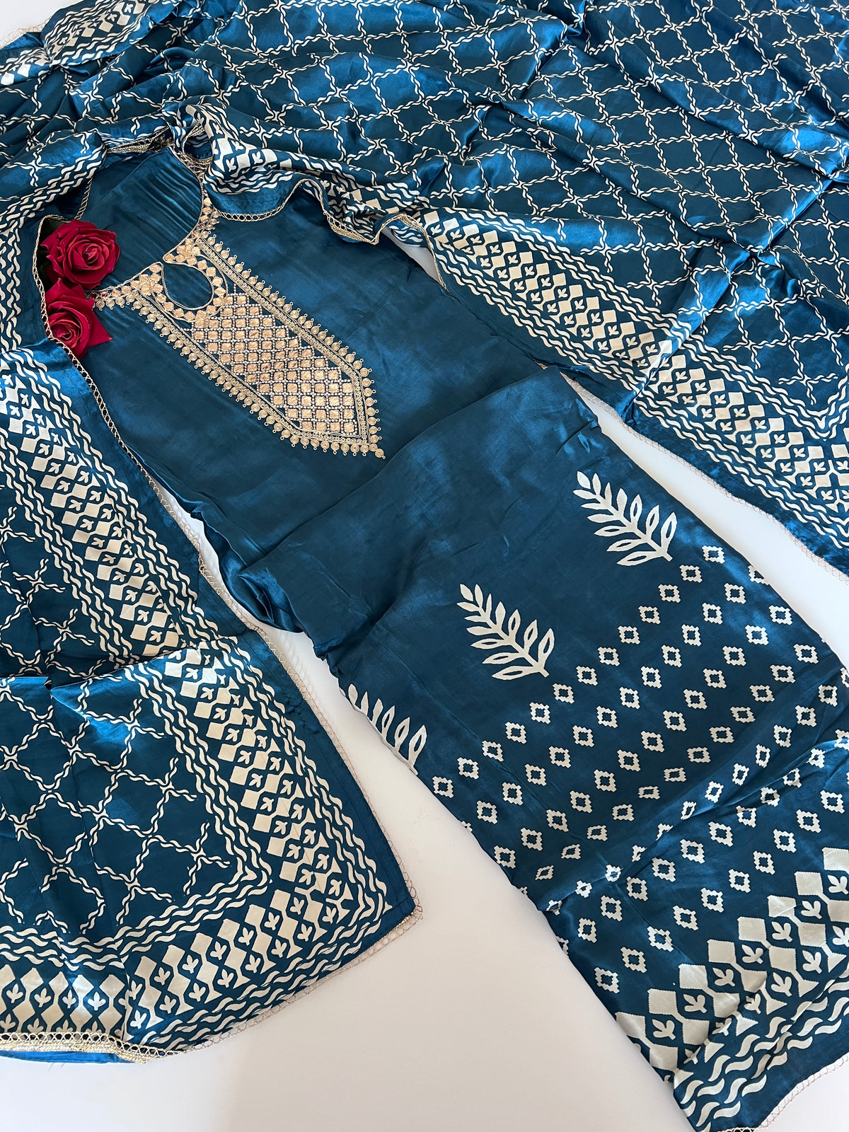 Blue Gajji Silk With gotta work neck Unstitched suit