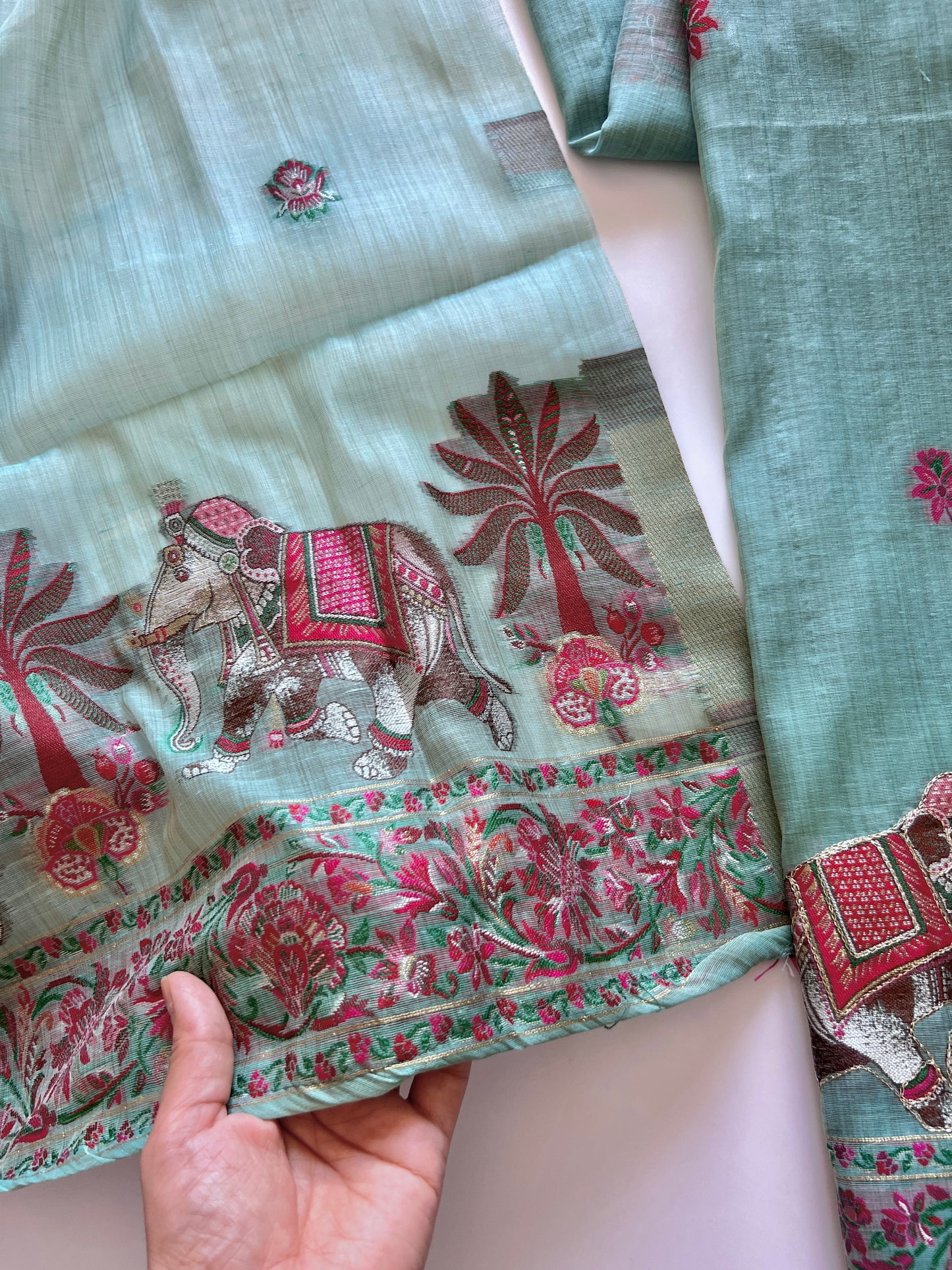 Blue green Cotton Jamdani work dress material unstitched Suit set