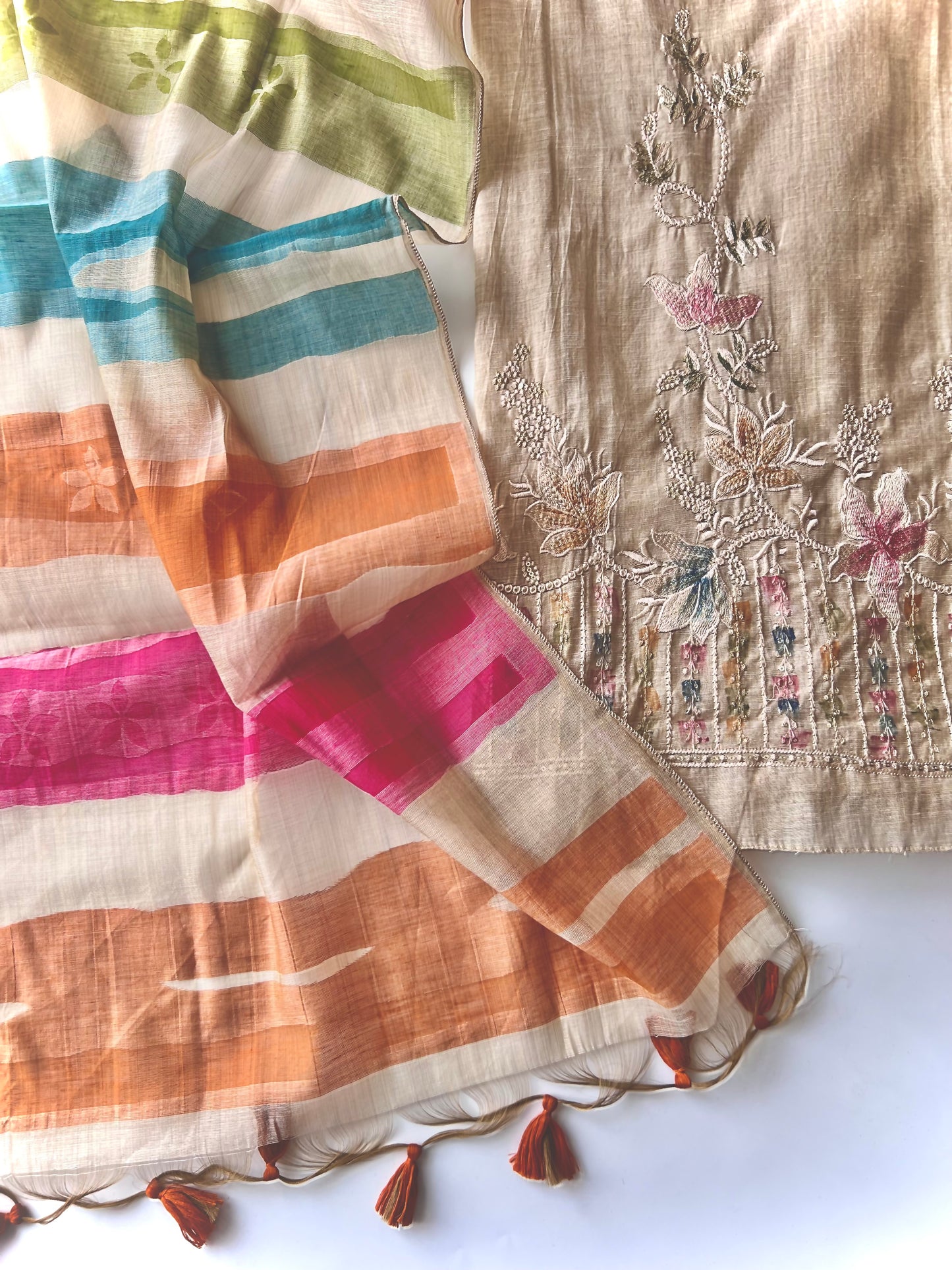 Linen with multi color embroidery and dupatta,, Unstitched suit material