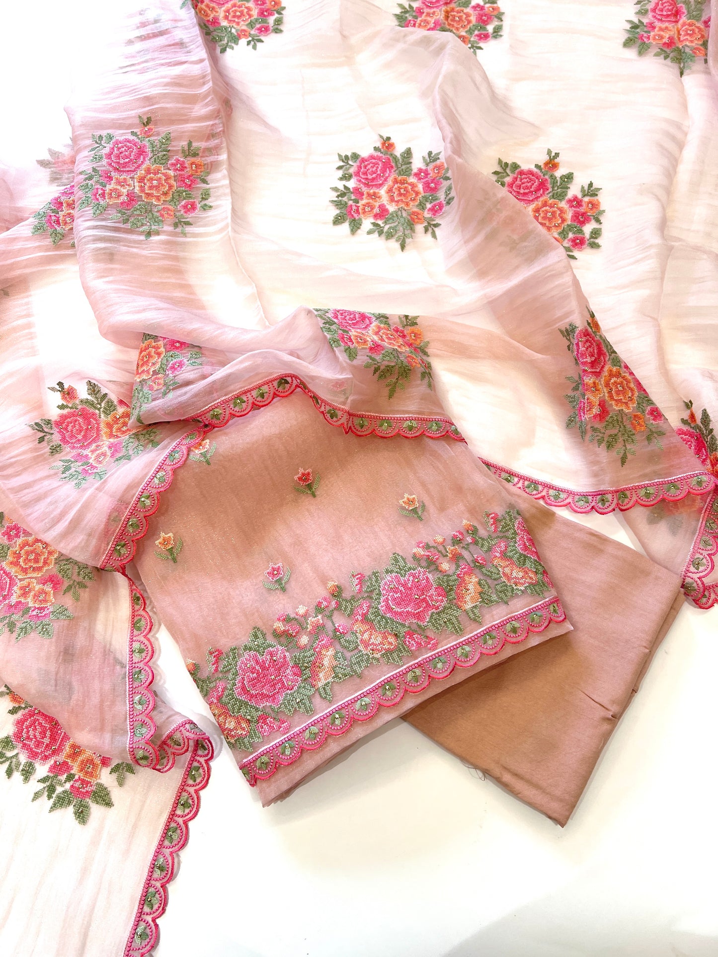 Peach Glass tissue with floral cross stitch embroidery dress material