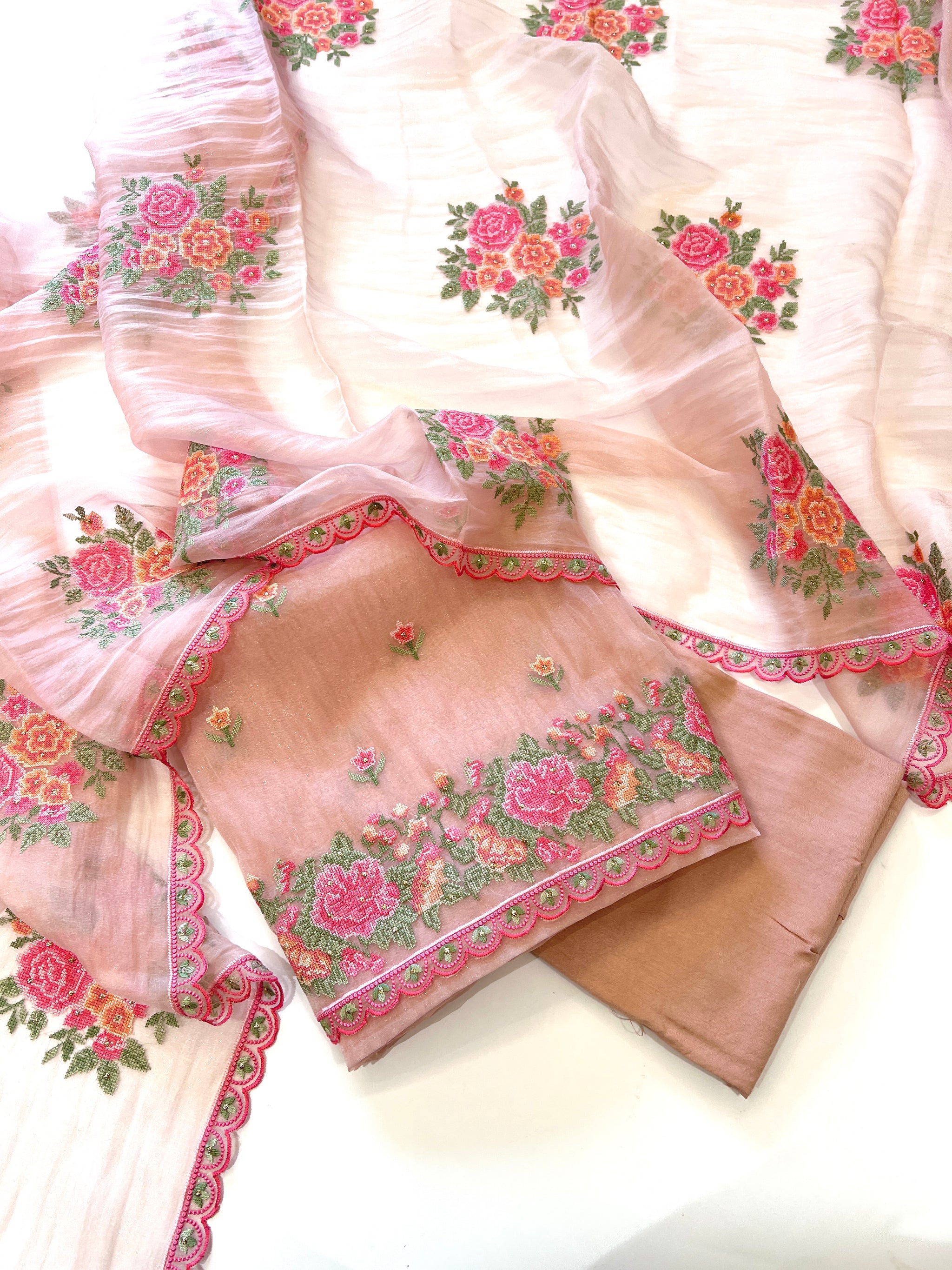 Peach Glass tissue with floral cross stitch embroidery dress material