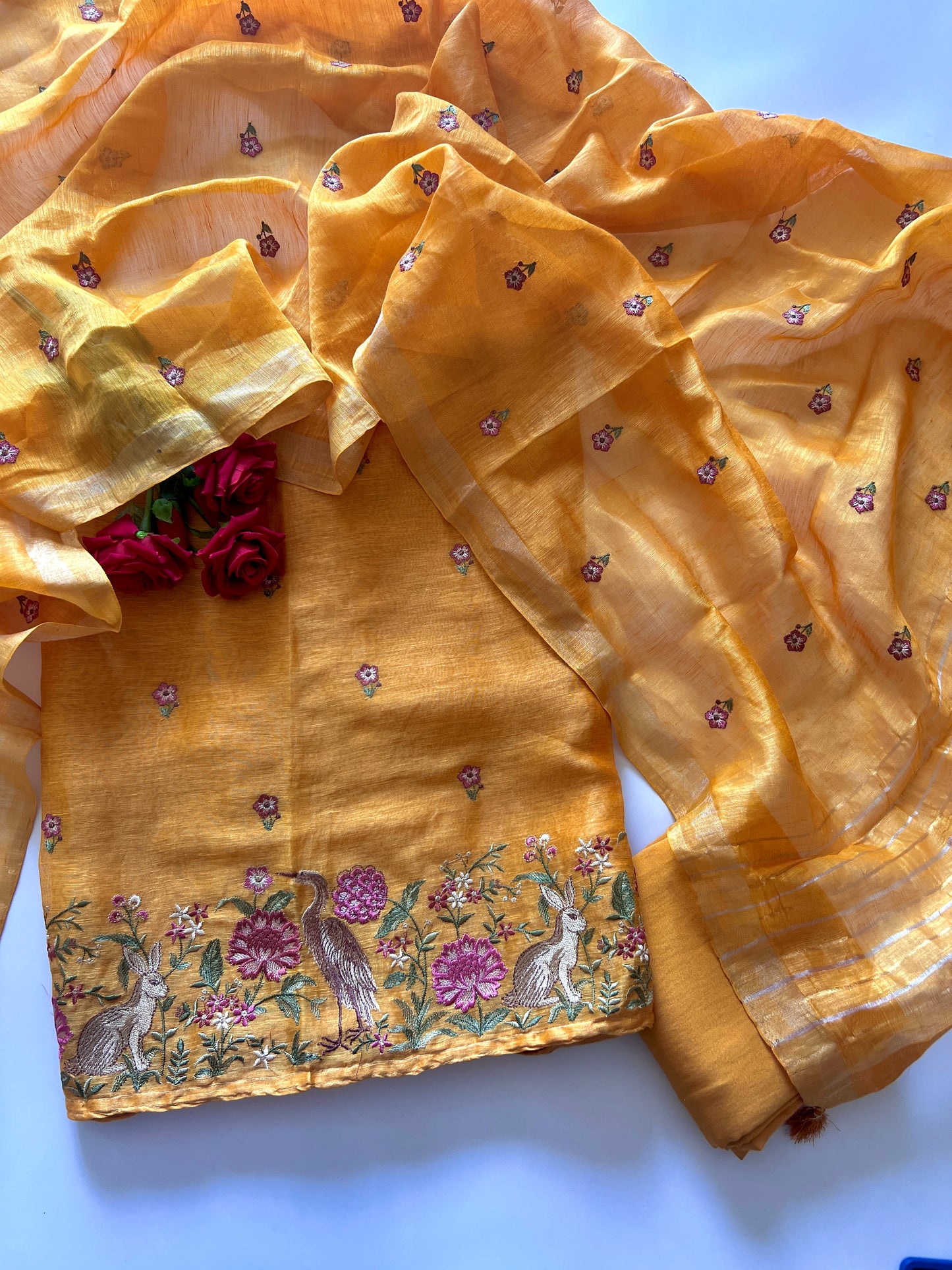 Yellow Pure Silk Linen embroidered premium unstitched dress material