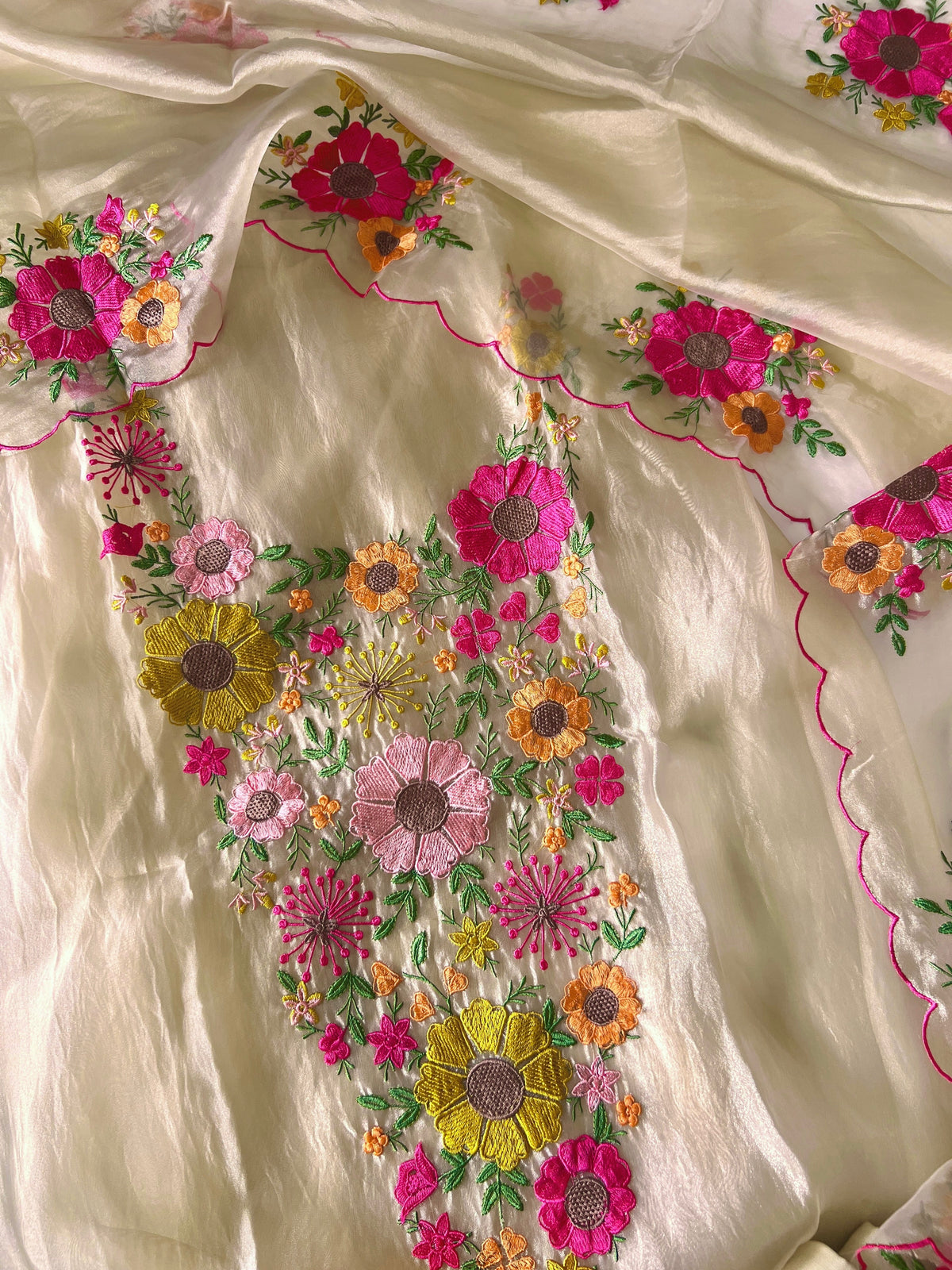 Ivory gold Sunflower Embroidery Crush Organza tissue Dress material