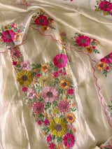 Ivory gold Sunflower Embroidery Crush Organza tissue Dress material