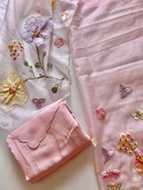 Pink 3D Embroidery on semi Organza premium unstitched dress material with floral work