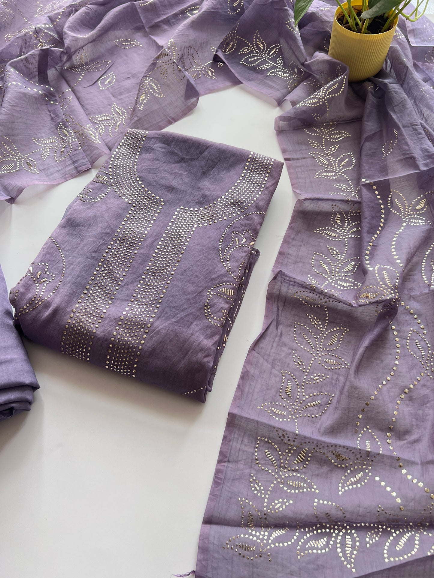 Purple Mul Chanderi dress material with mukaish