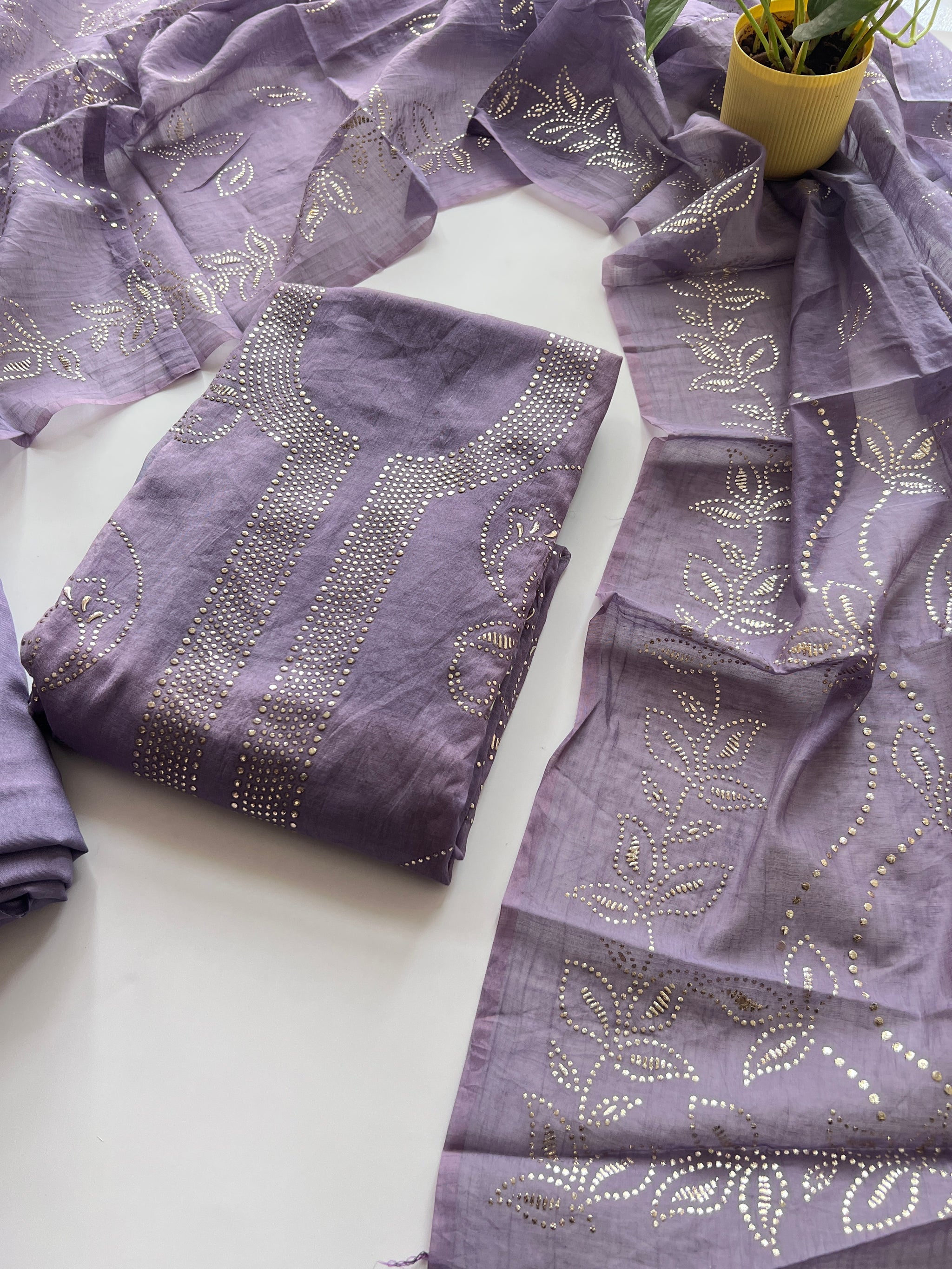 Purple Mul Chanderi dress material with mukaish