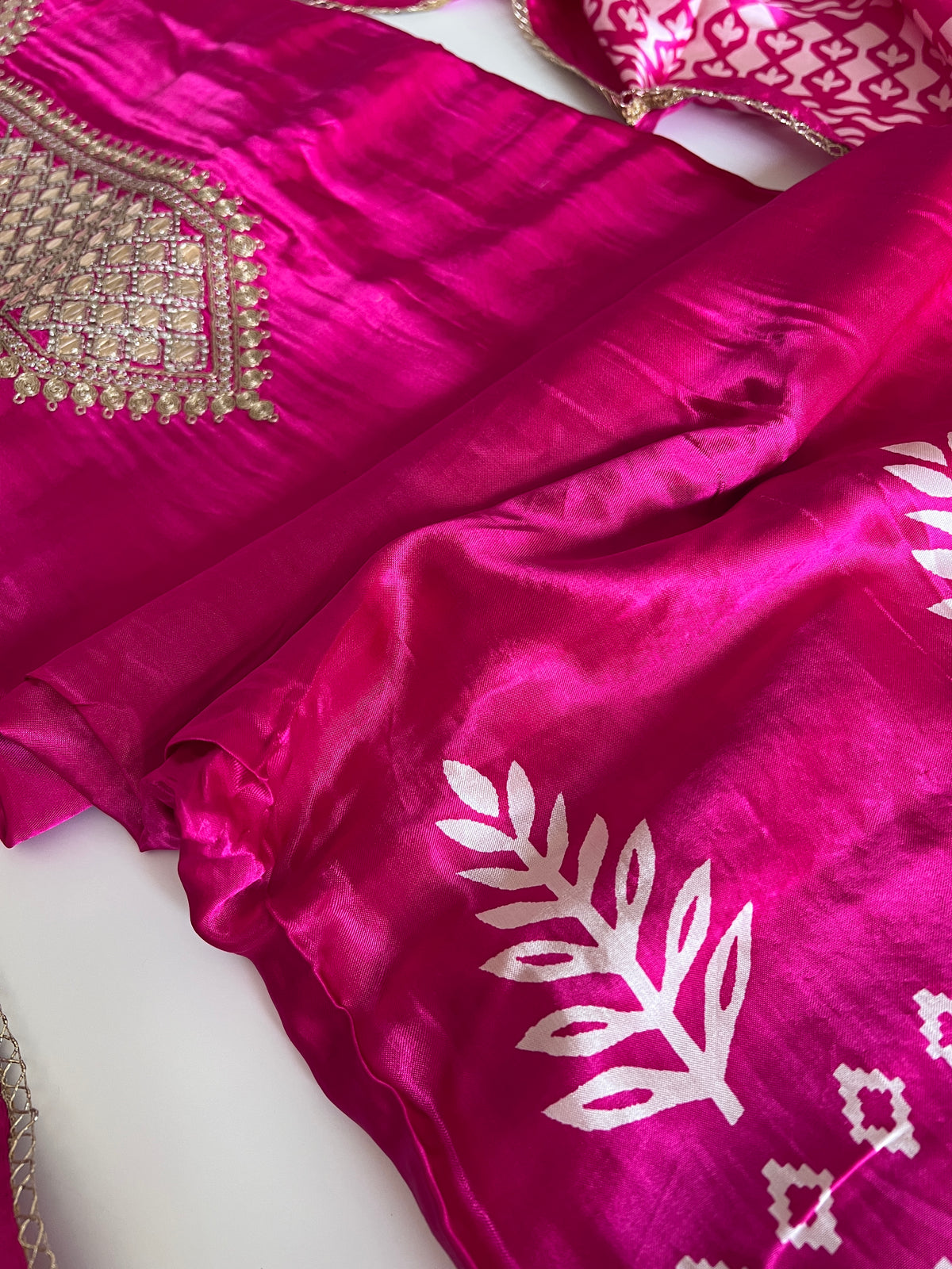Pink Gajji Silk With gotta work neck Unstitched suit