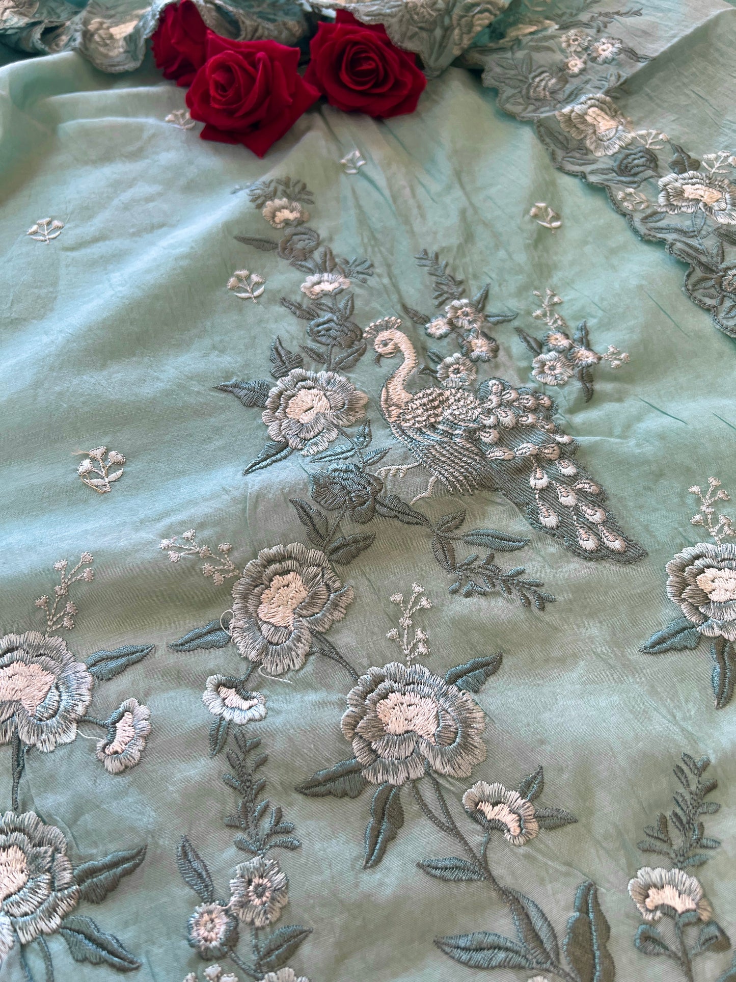 Aqua shade Mul Chanderi Thread embroidered Unstitched Suit