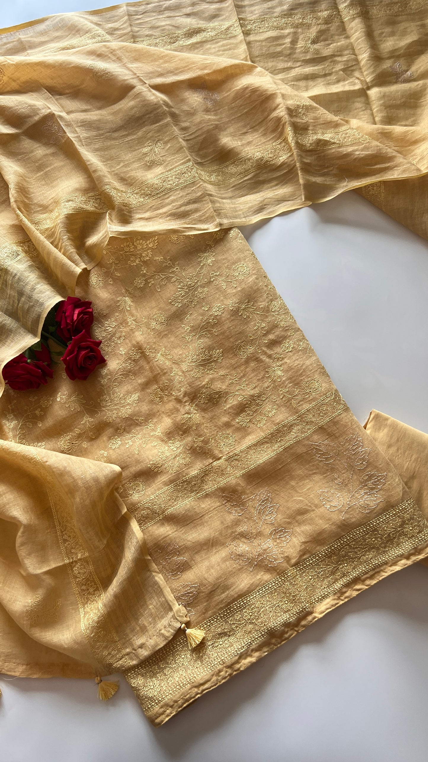 Yellow Pure Linen embroidered premium unstitched dress material