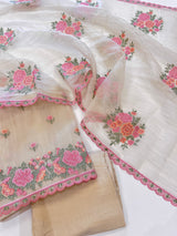 Light Gold Glass tissue with floral cross stitch embroidery dress material