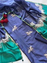 Pure Blue Green soft Chanderi flamingo embroidered Unstitched Dress material