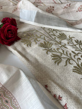 Designer mul linen suit material in light cream shade perfect for festive gatherings and daytime occasions