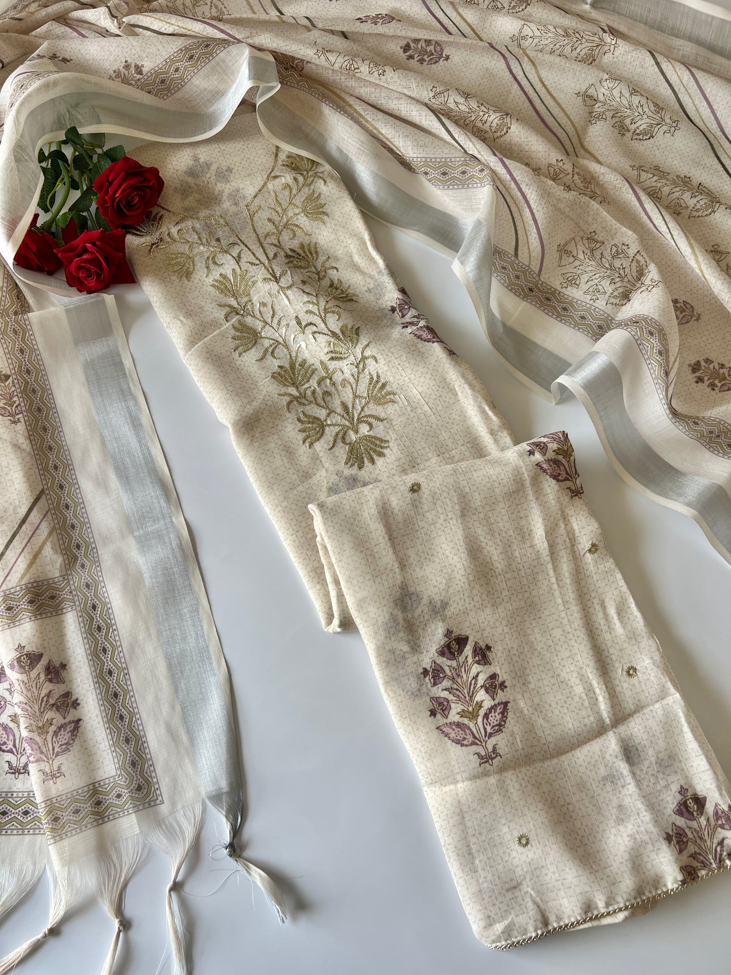 Premium unstitched cream suit set with printed mul linen fabric for festive and everyday wear