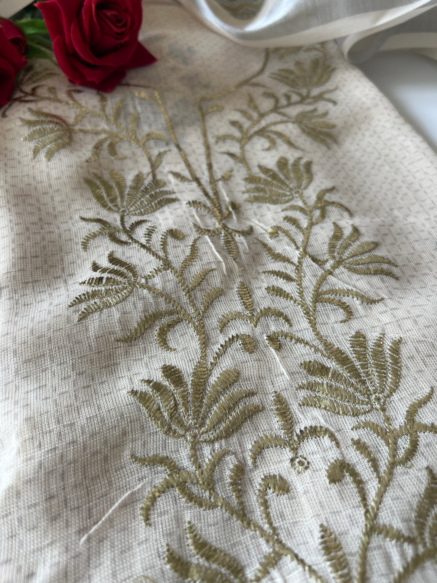Cream mul linen salwar suit material with stylish all over print and handcrafted ethnic detailing