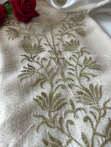 Cream mul linen salwar suit material with stylish all over print and handcrafted ethnic detailing