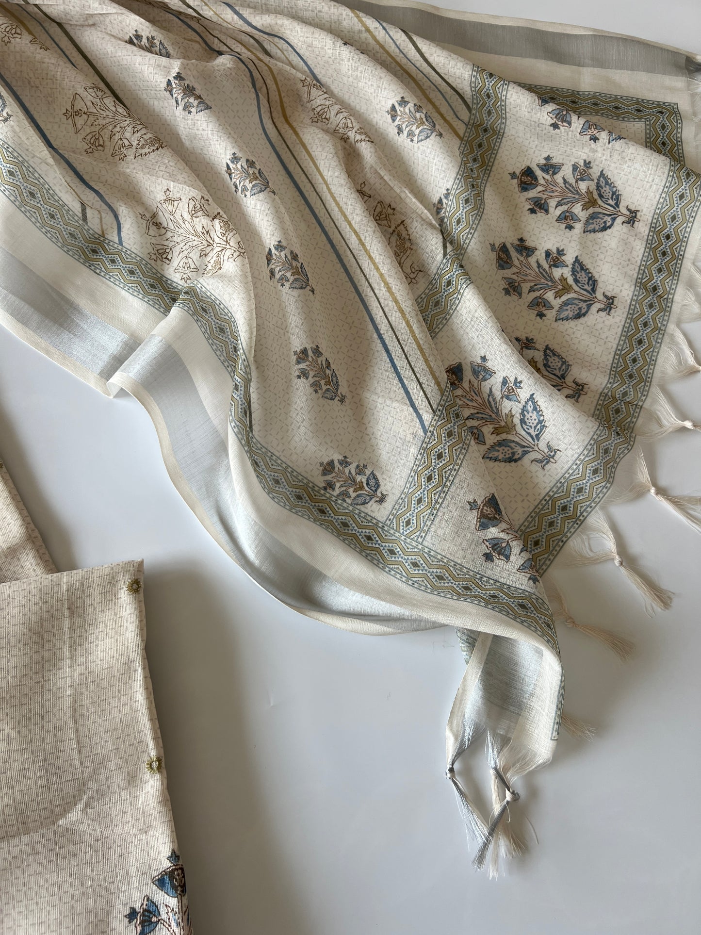 Cream mul linen salwar suit material with stylish all over print and handcrafted ethnic detailing
