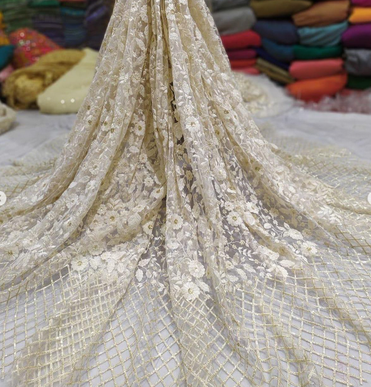 Dyeable net embroidered fabric for lehengas, kurtas.