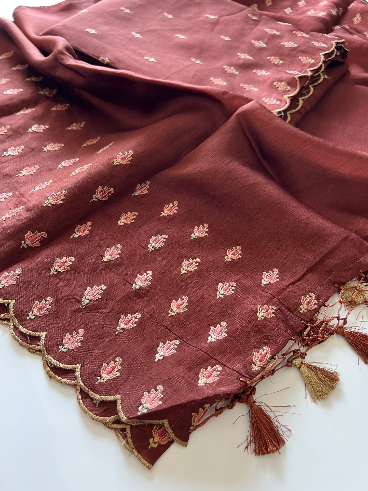Brown Raw Mango handloom embroidered unstitched suit.