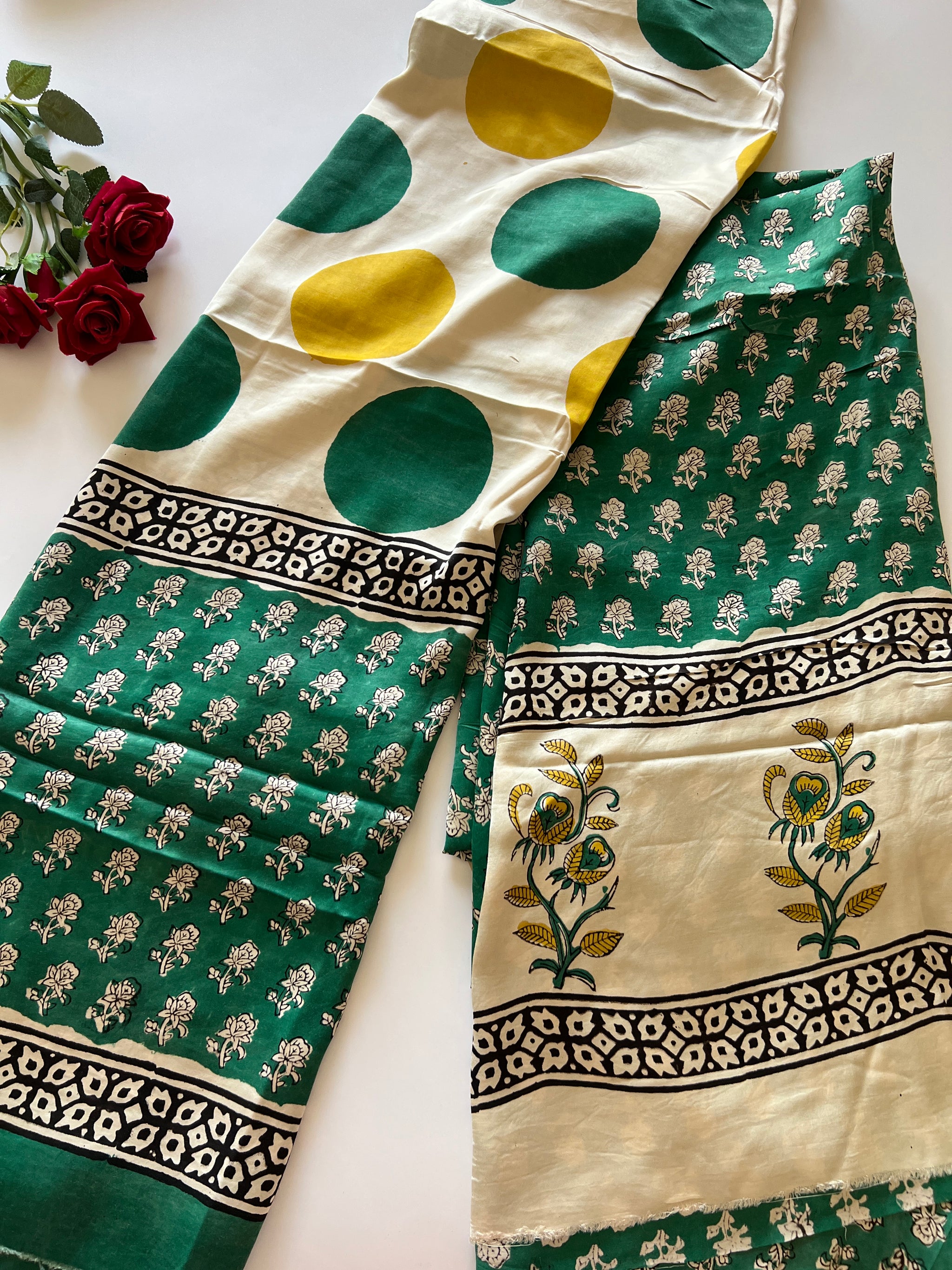 Green Original Handblock Ajrakh print on Modal fabric Unstitched suit set