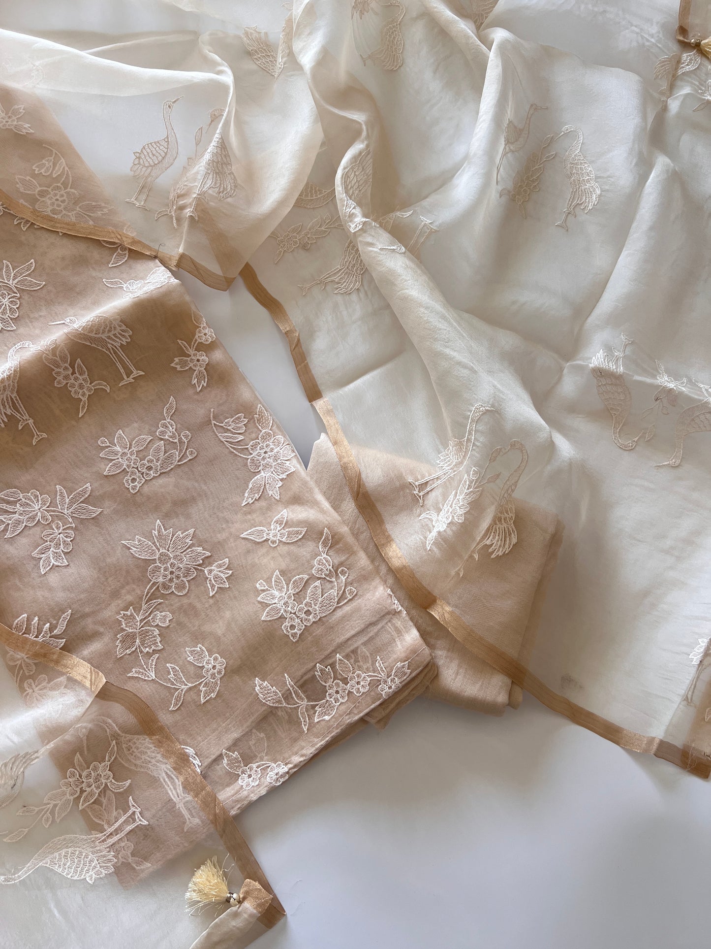 Beige Pure Organza with Swan embroidery Un-stitched Suit set