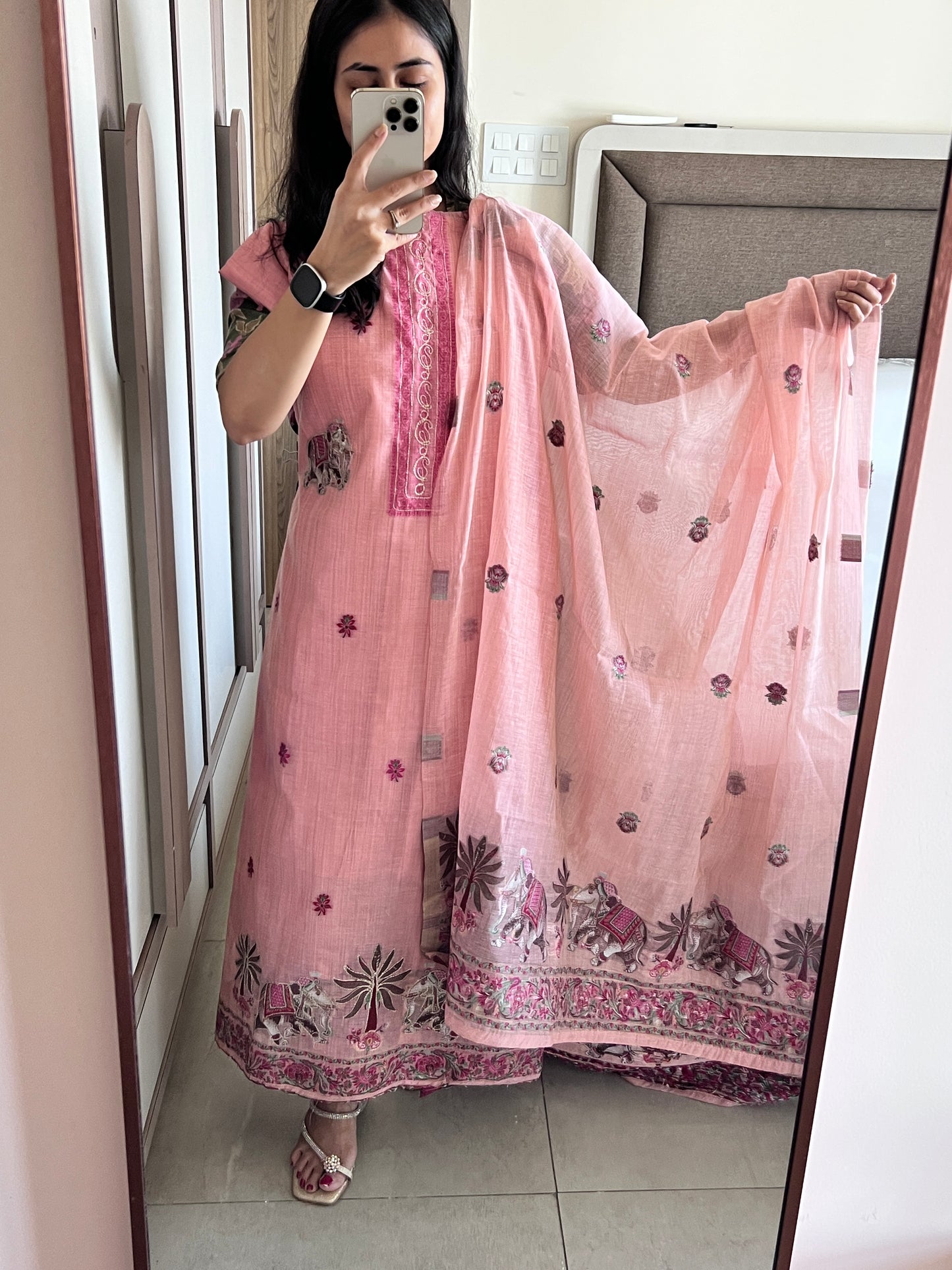Pink Cotton Jamdani work dress material unstitched Suit set