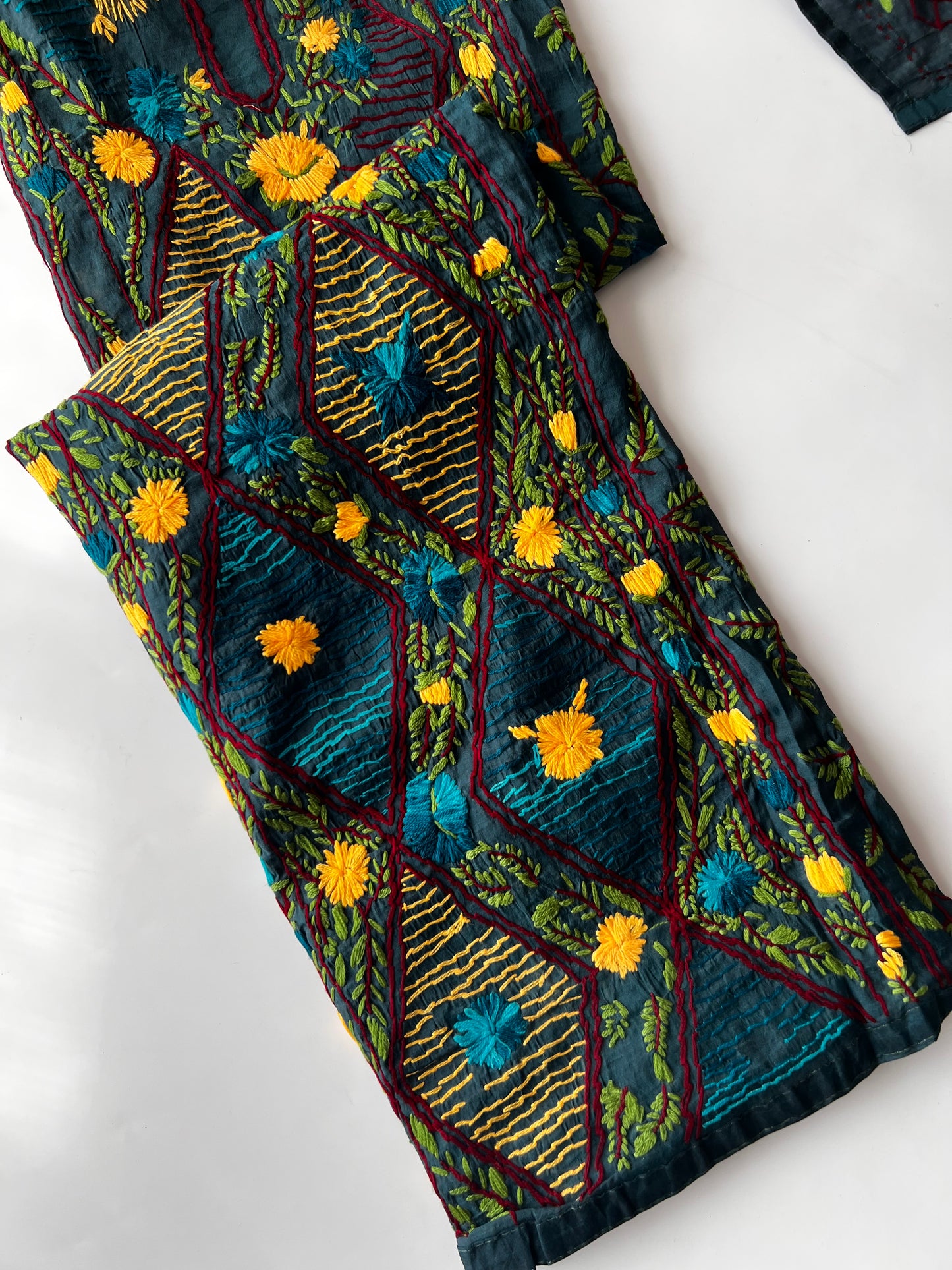 Peacock color Chanderi Phulkari embroidery Unstitched suit material