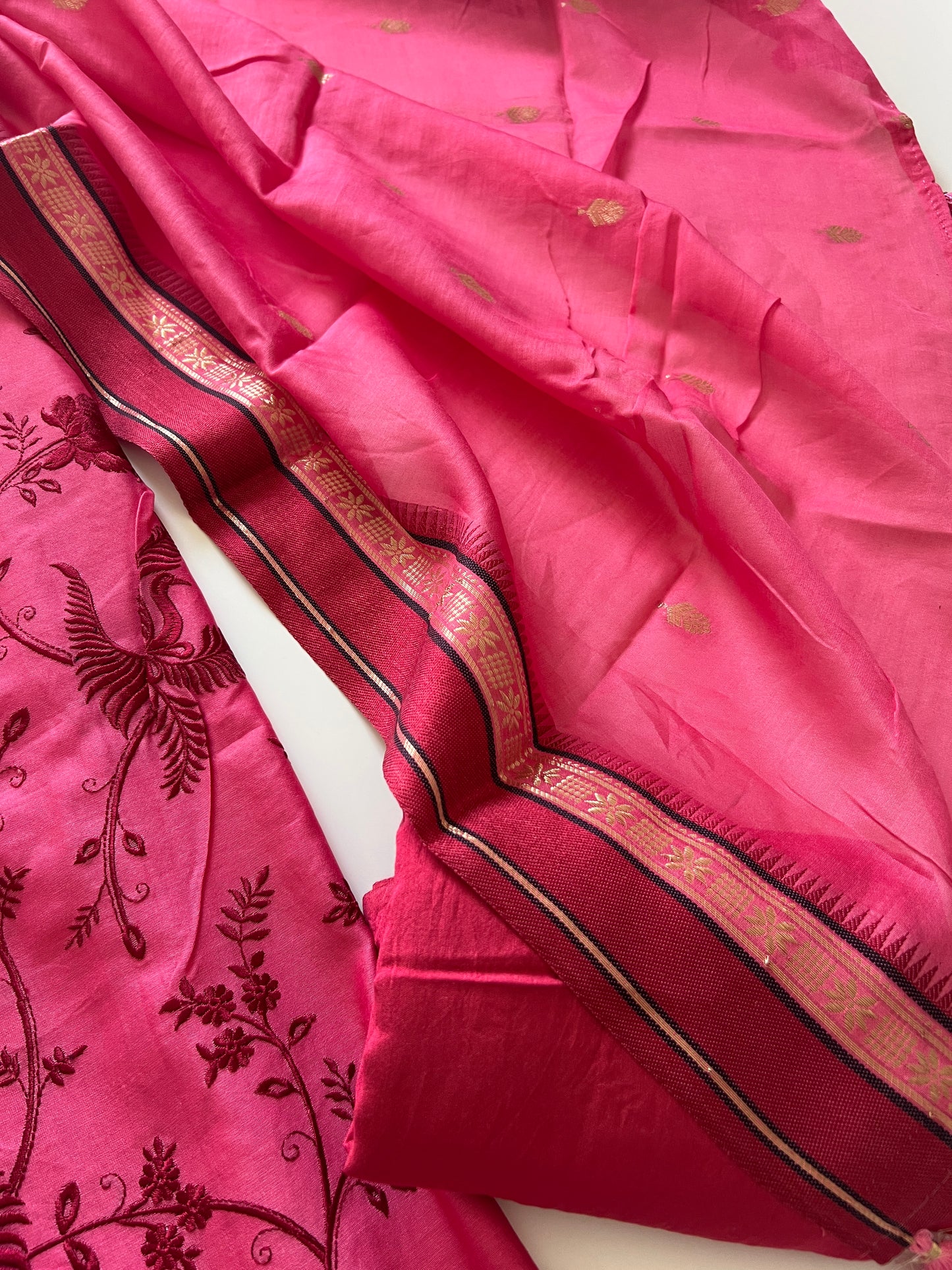 Pink Pure Chanderi Parsi Thread embroidered Unstitched Suit