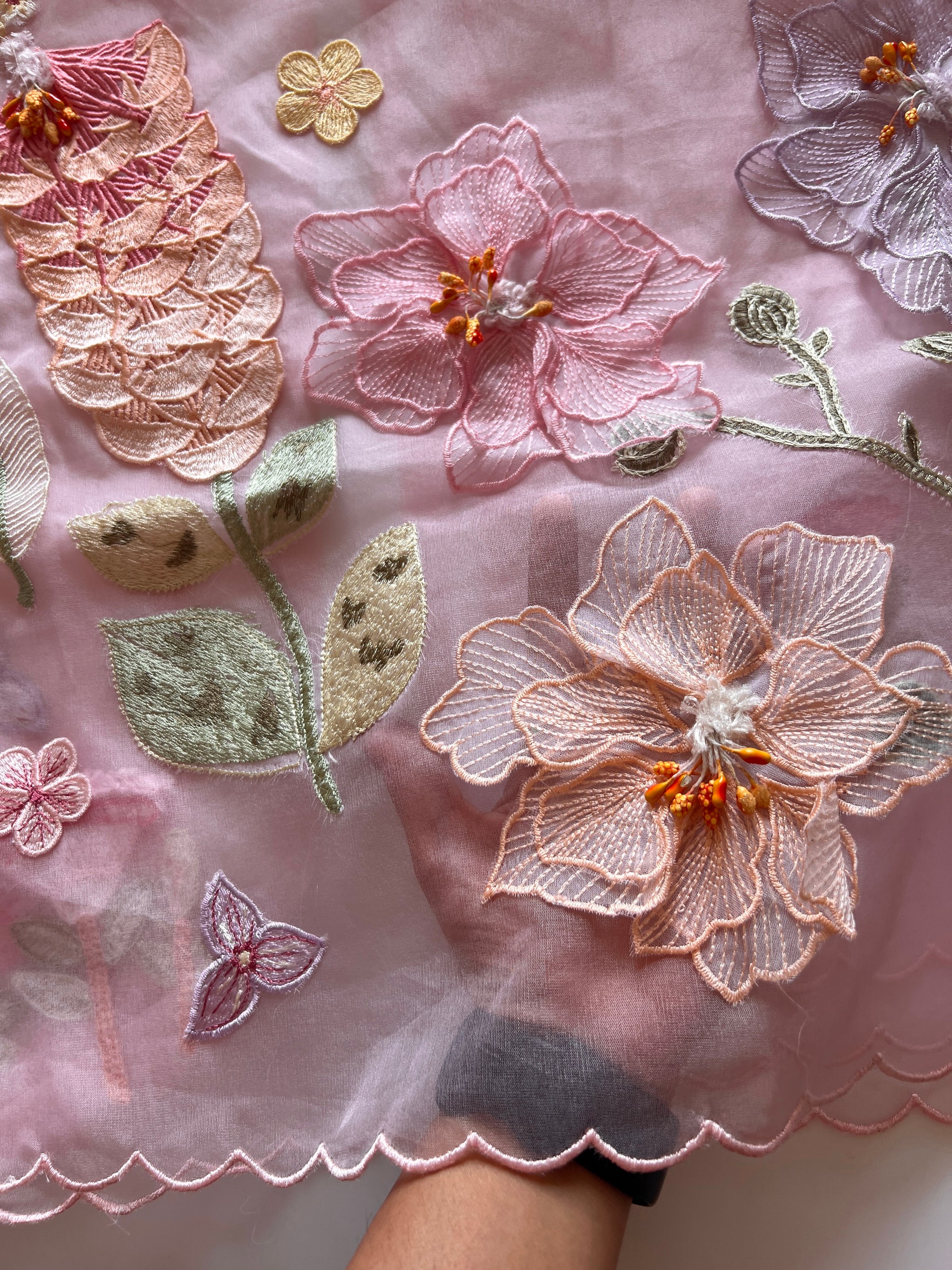 Pink 3D Embroidery on semi Organza premium unstitched dress material with floral work