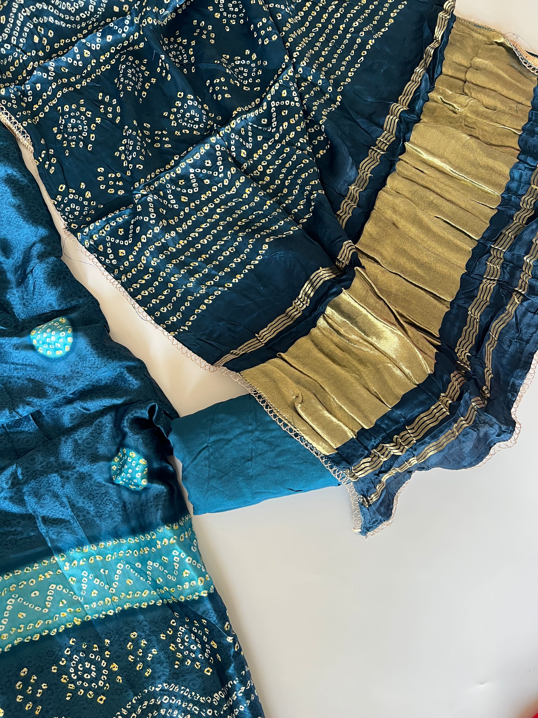Blue Gajji Silk With gotta work neck Unstitched suit