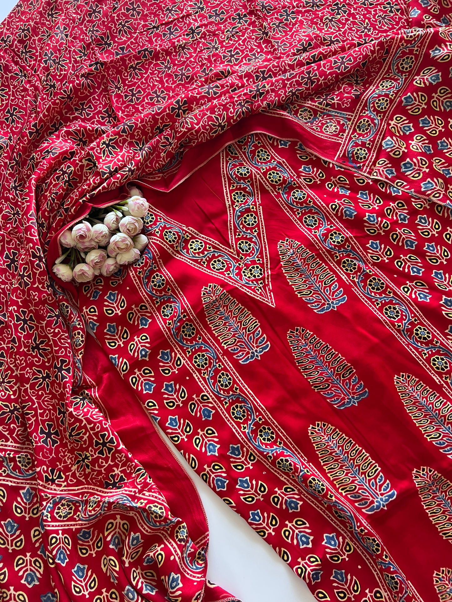 Red Ajrakh Handblock print 3 pc fabric Unstitched suit set