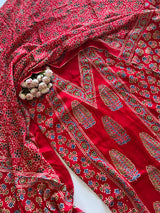 Red Ajrakh Handblock print 3 pc fabric Unstitched suit set
