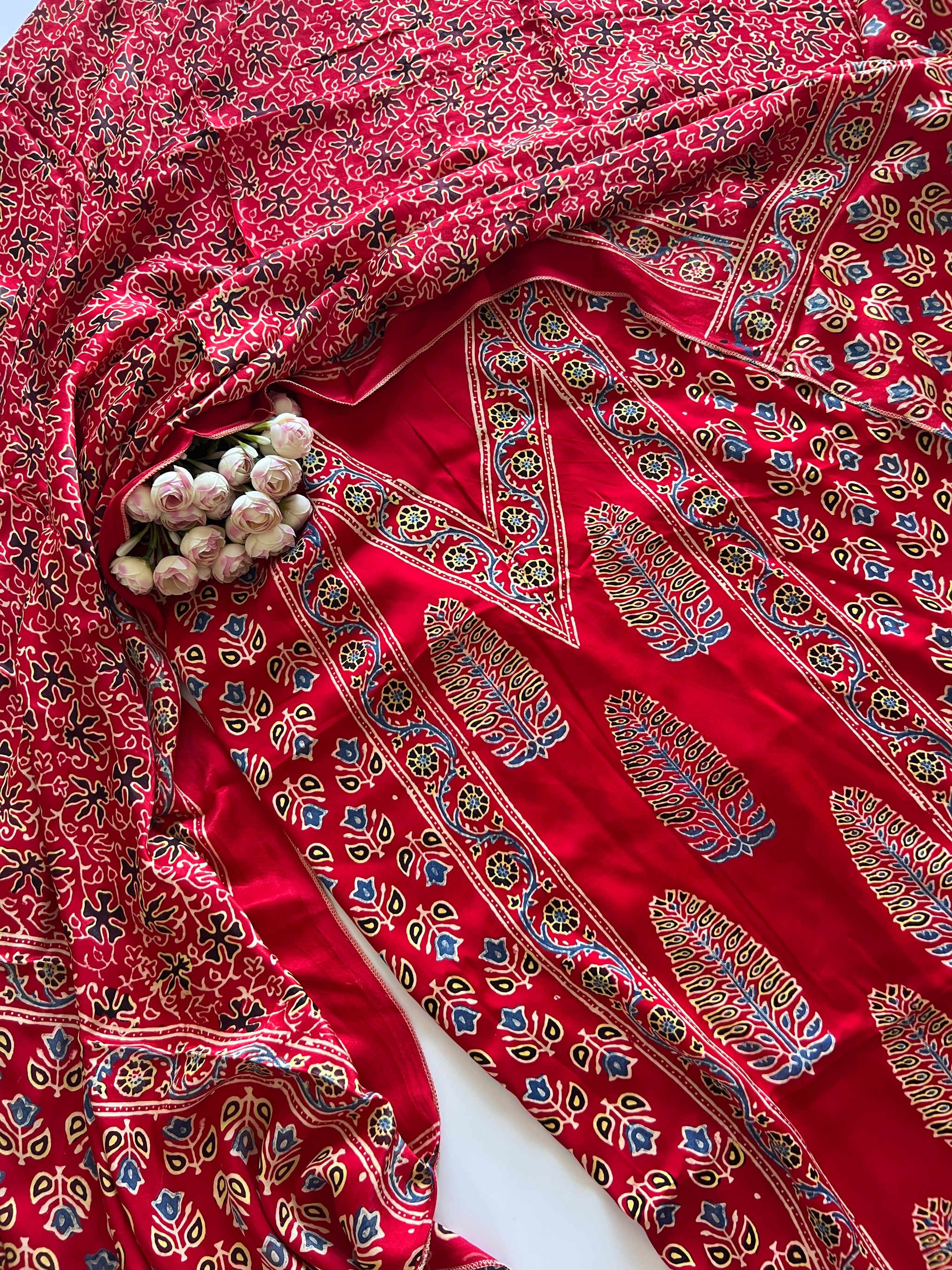 Red Ajrakh Handblock print 3 pc fabric Unstitched suit set