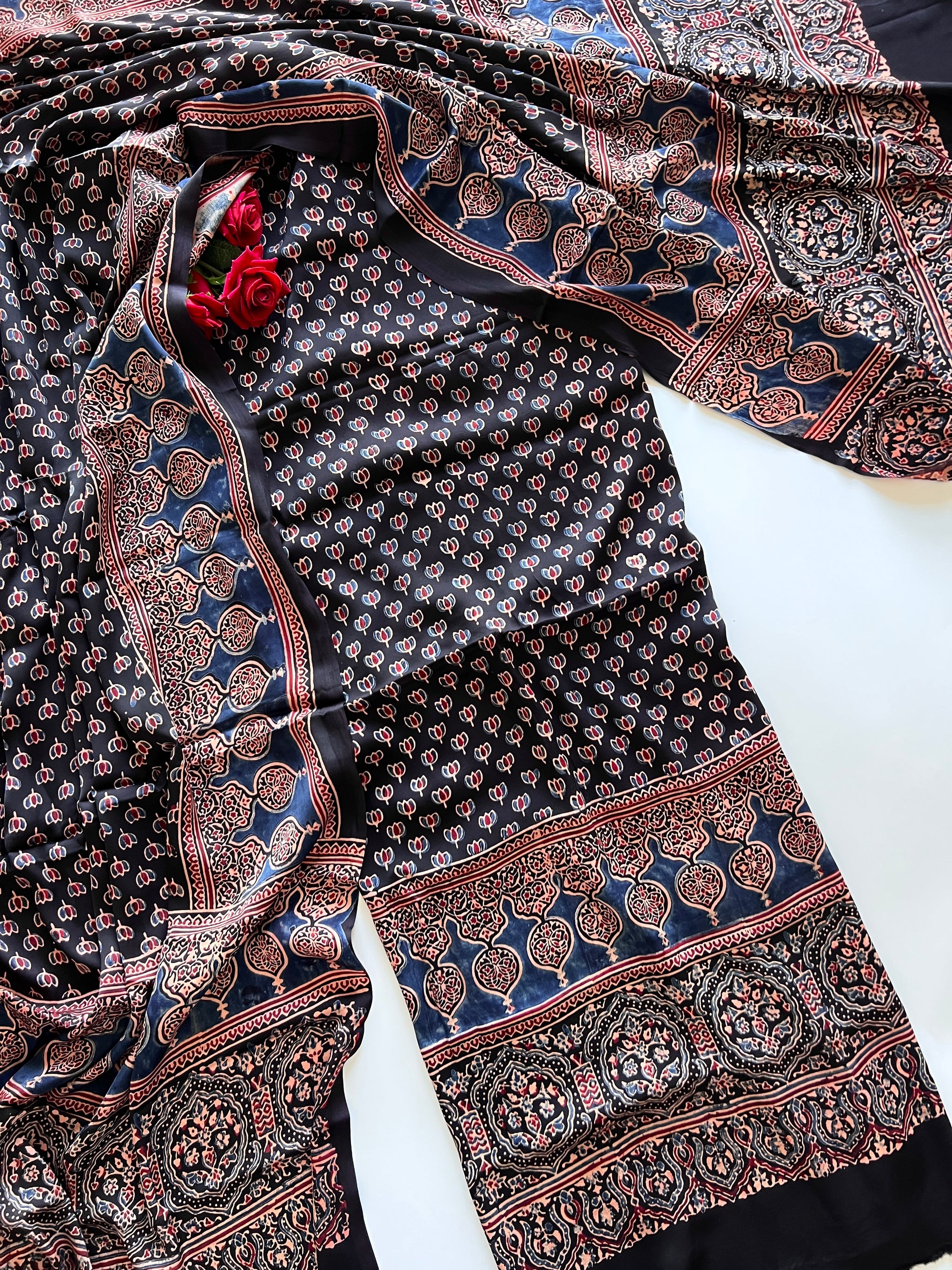 Black Original Handblock Ajrakh print 2 pc fabric Unstitched suit set